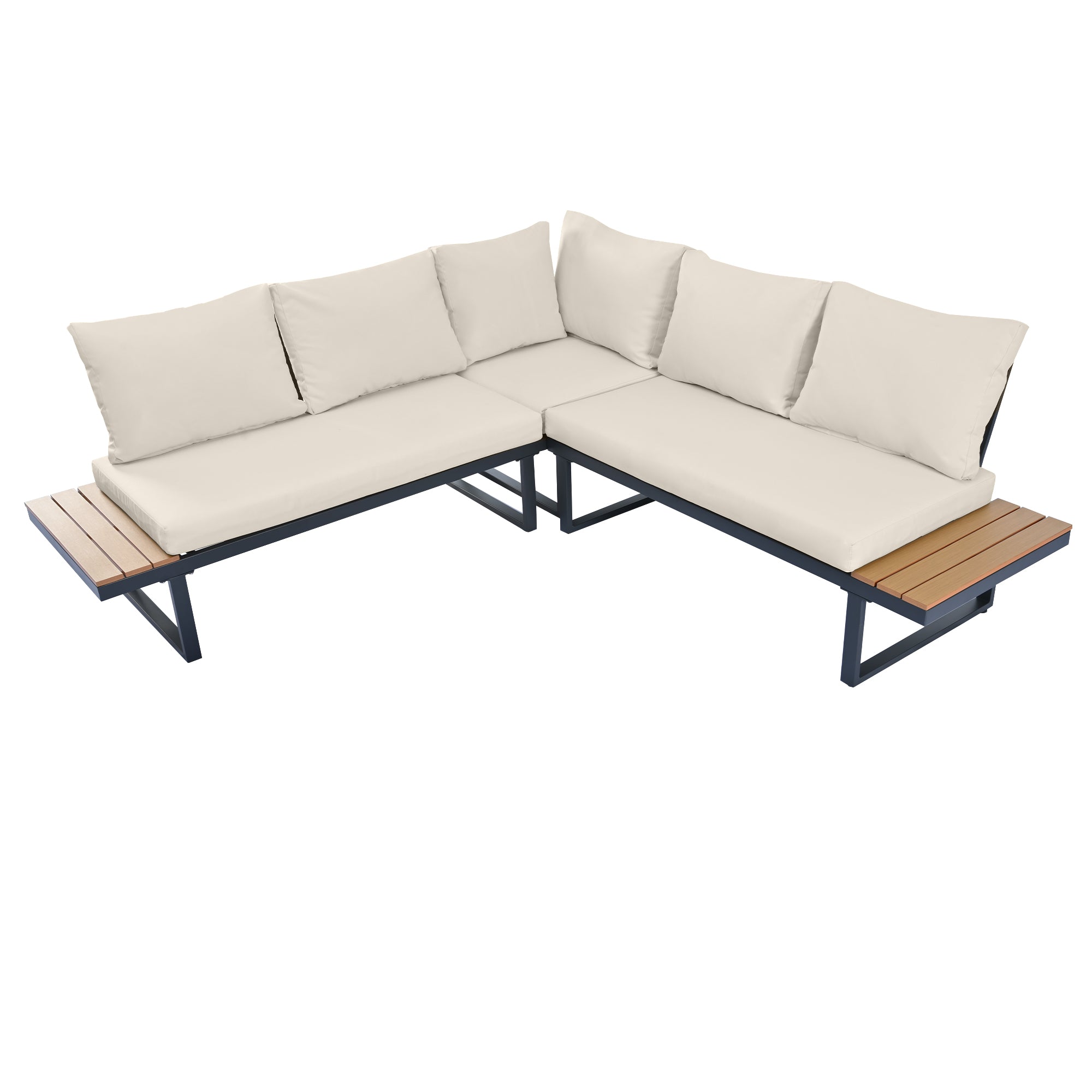 Outdoor Corner Lounge Sofa Set with Adjustable Backrest and Teak-Style Panels