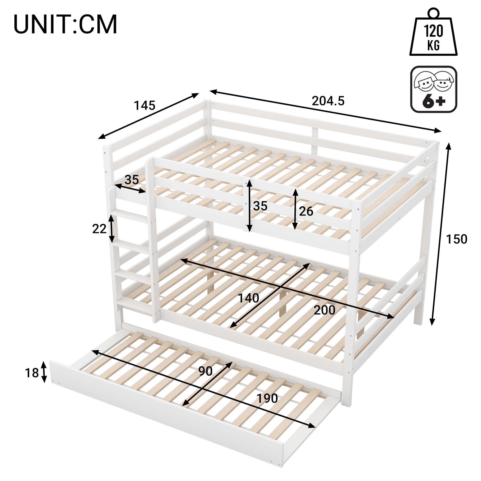 Bunk Bed 140x200cm Pull-Out Bed Sturdy Stairs - White