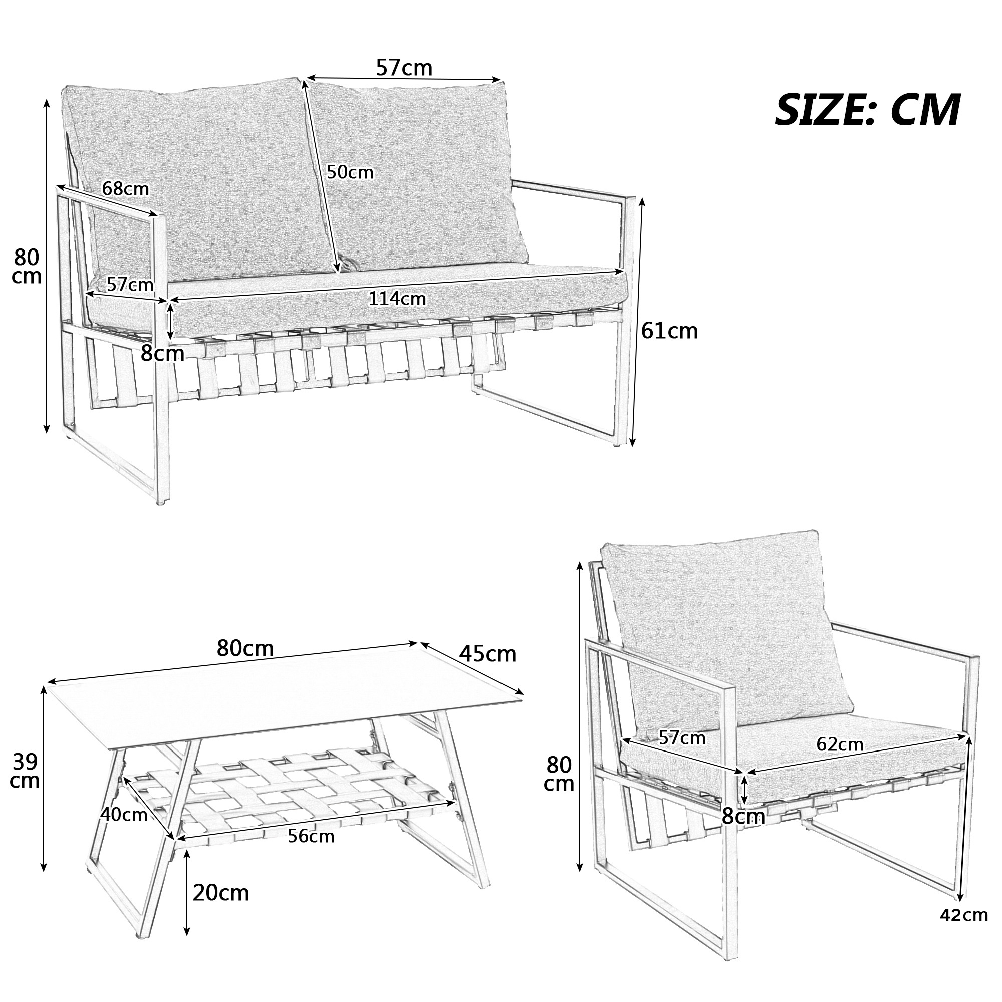 Garden Furniture Seating Set for 4 People with Sofa, Coffee Table and Cushions, Black