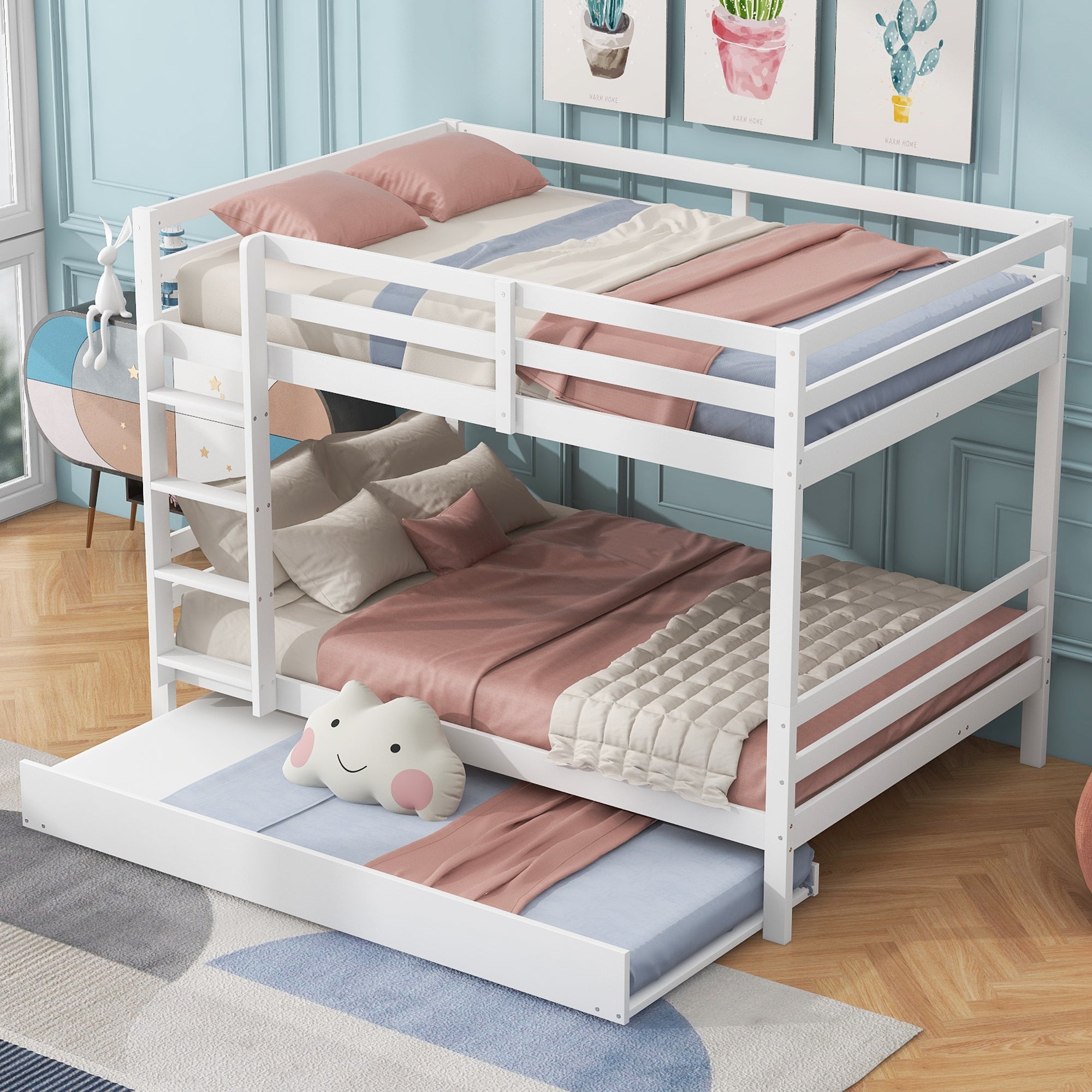 Bunk Beds with Pull-Out Bed, High Railings, Sturdy Stairs, 140x200cm, White