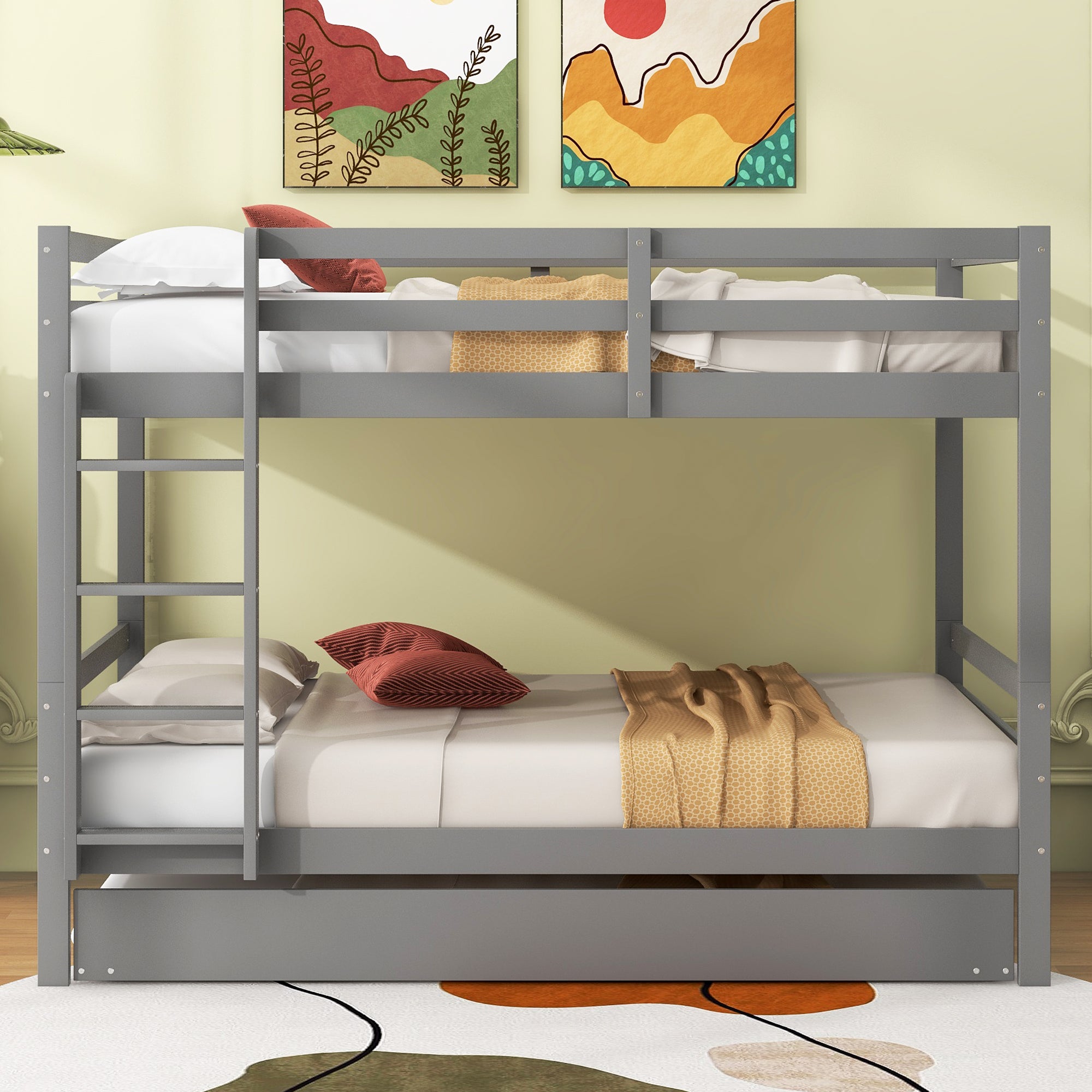 Bunk Bed 140x200cm Pull-Out Bed Stairs High Railings - Grey