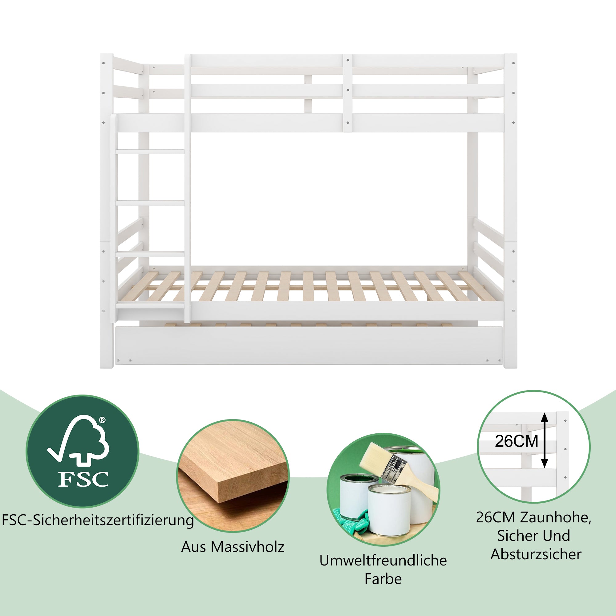 Bunk Bed 140x200cm Pull-Out Bed Sturdy Stairs - White