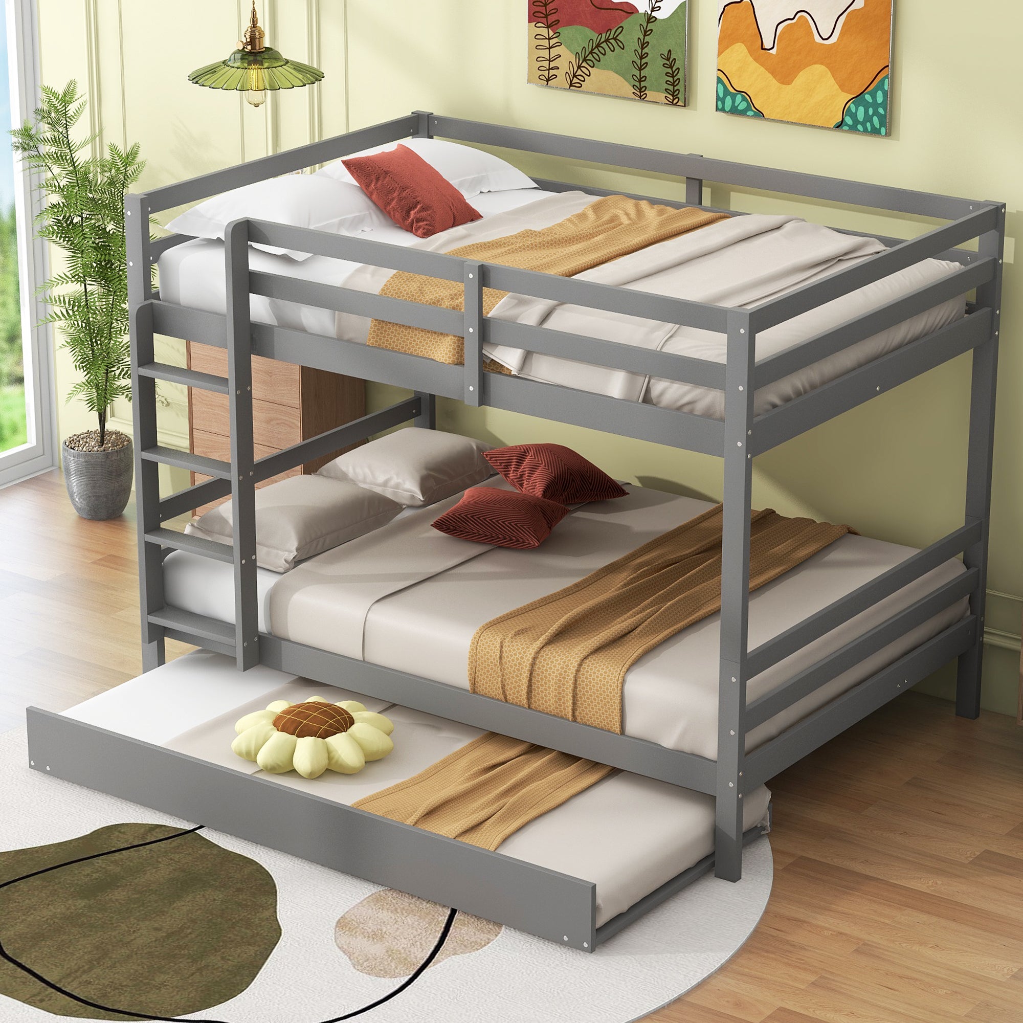Bunk Bed 140x200cm Pull-Out Bed Stairs High Railings - Grey