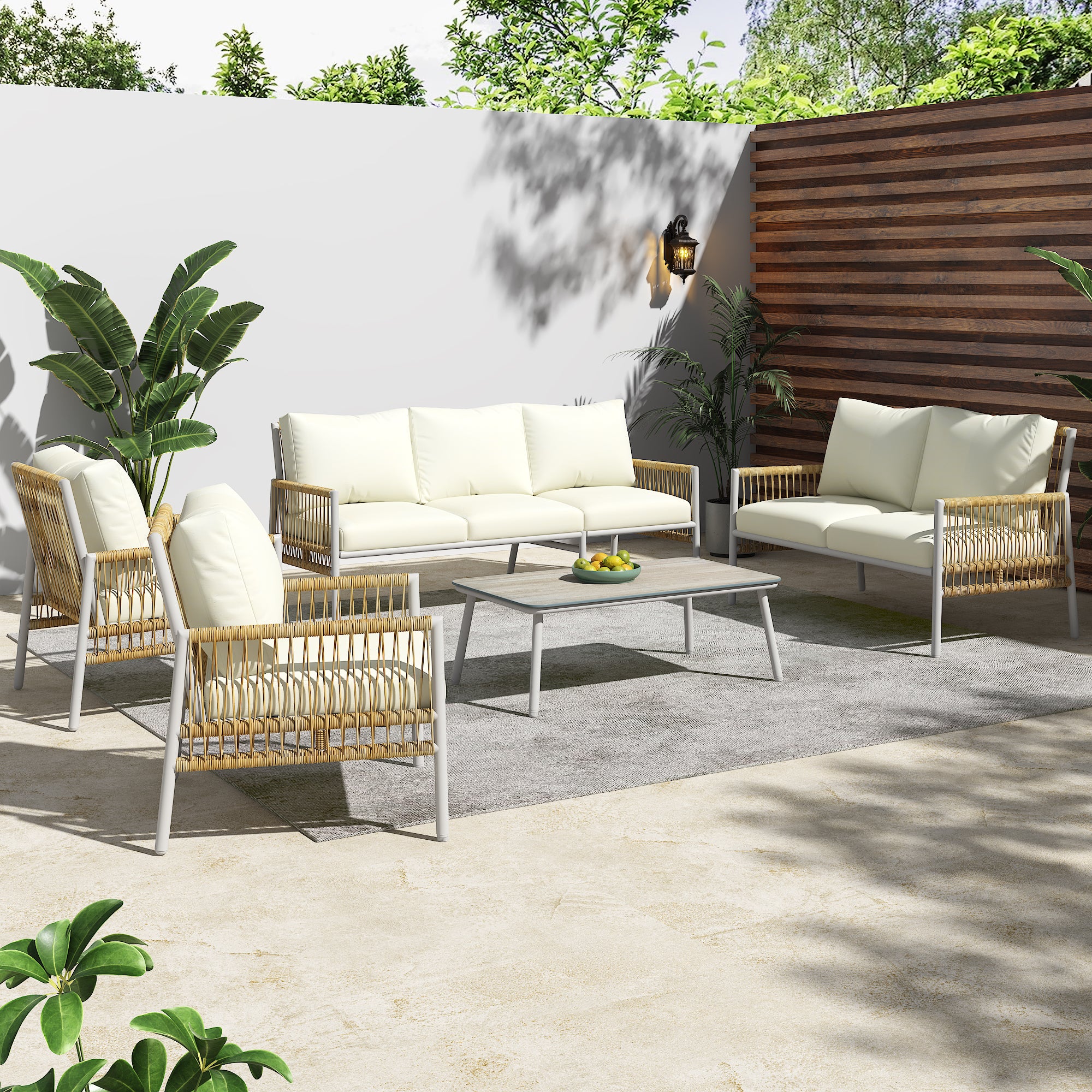 Garden Furniture Set 7-Seater Rattan Coffee Table Washable Cushions - Beige