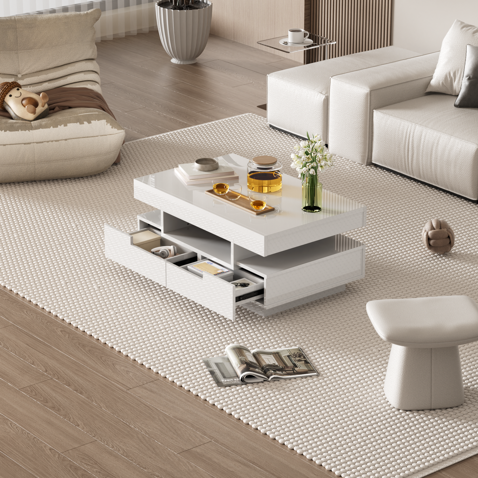 Coffee table high-gloss surface, LED light, four drawers, large storage space