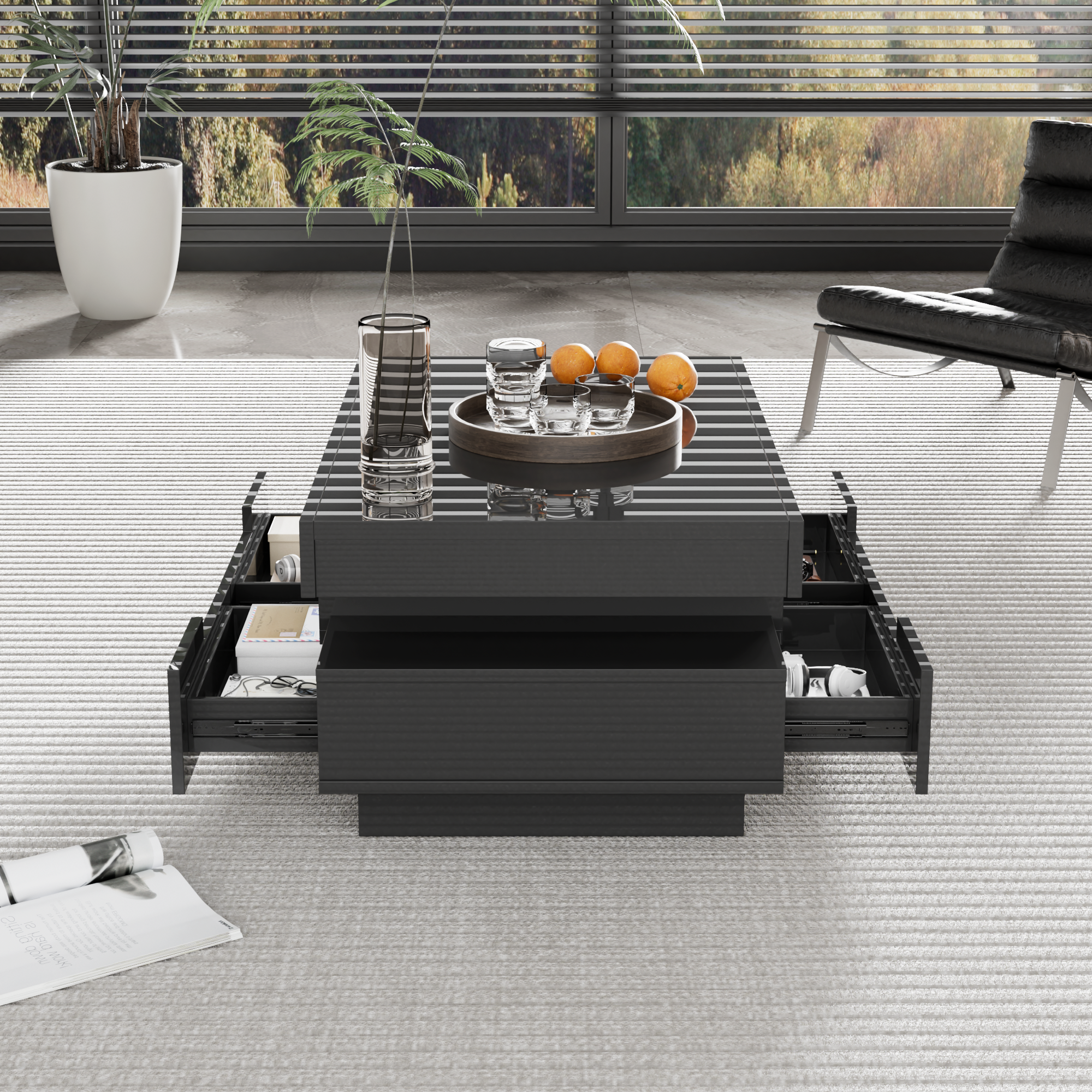 Coffee table, high-gloss with LED light, four drawers, large storage space