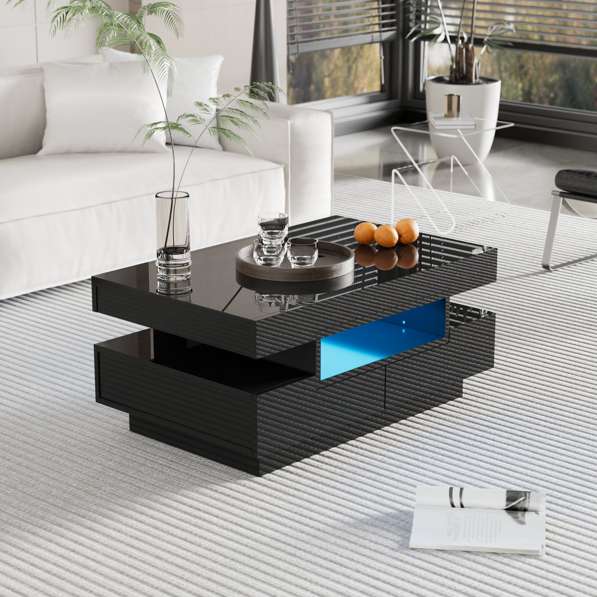 Coffee table, high-gloss with LED light, four drawers, large storage space