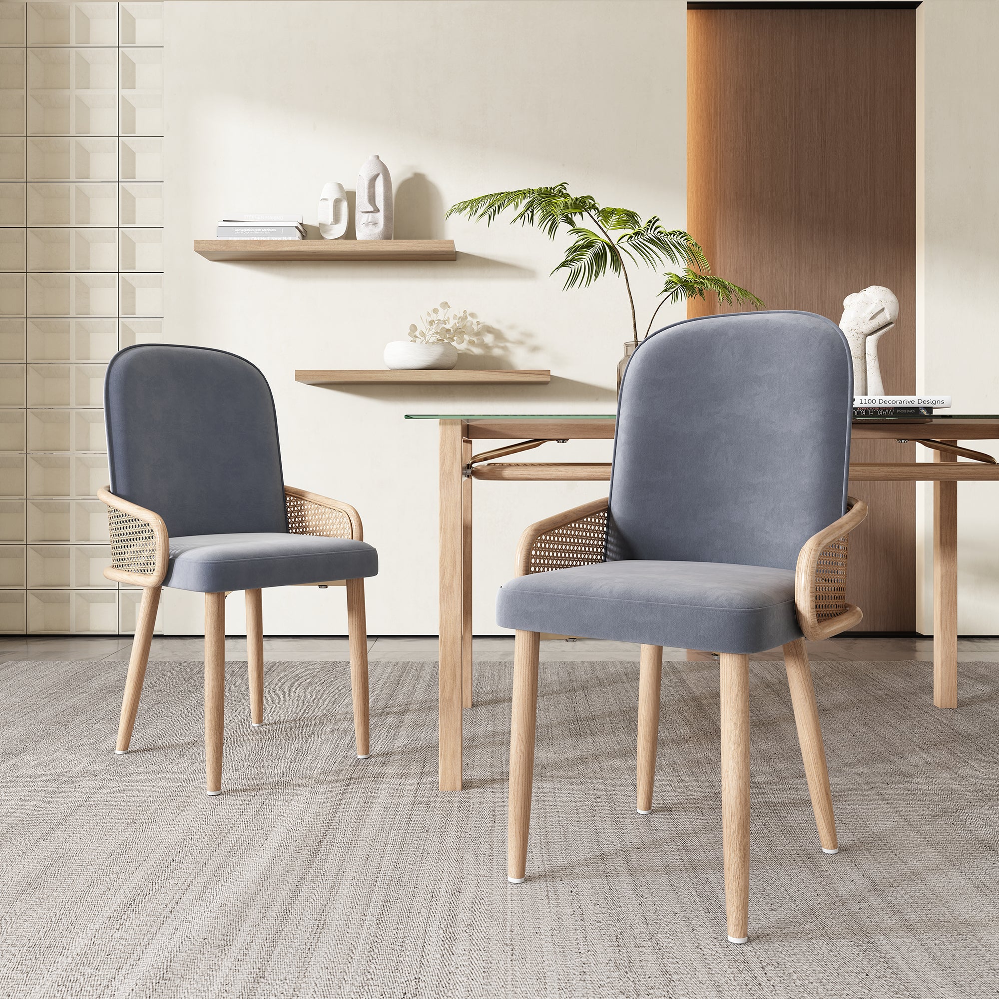 Velvet Dining Chair Set of 6 with Rattan Design and Metal Legs, Grey