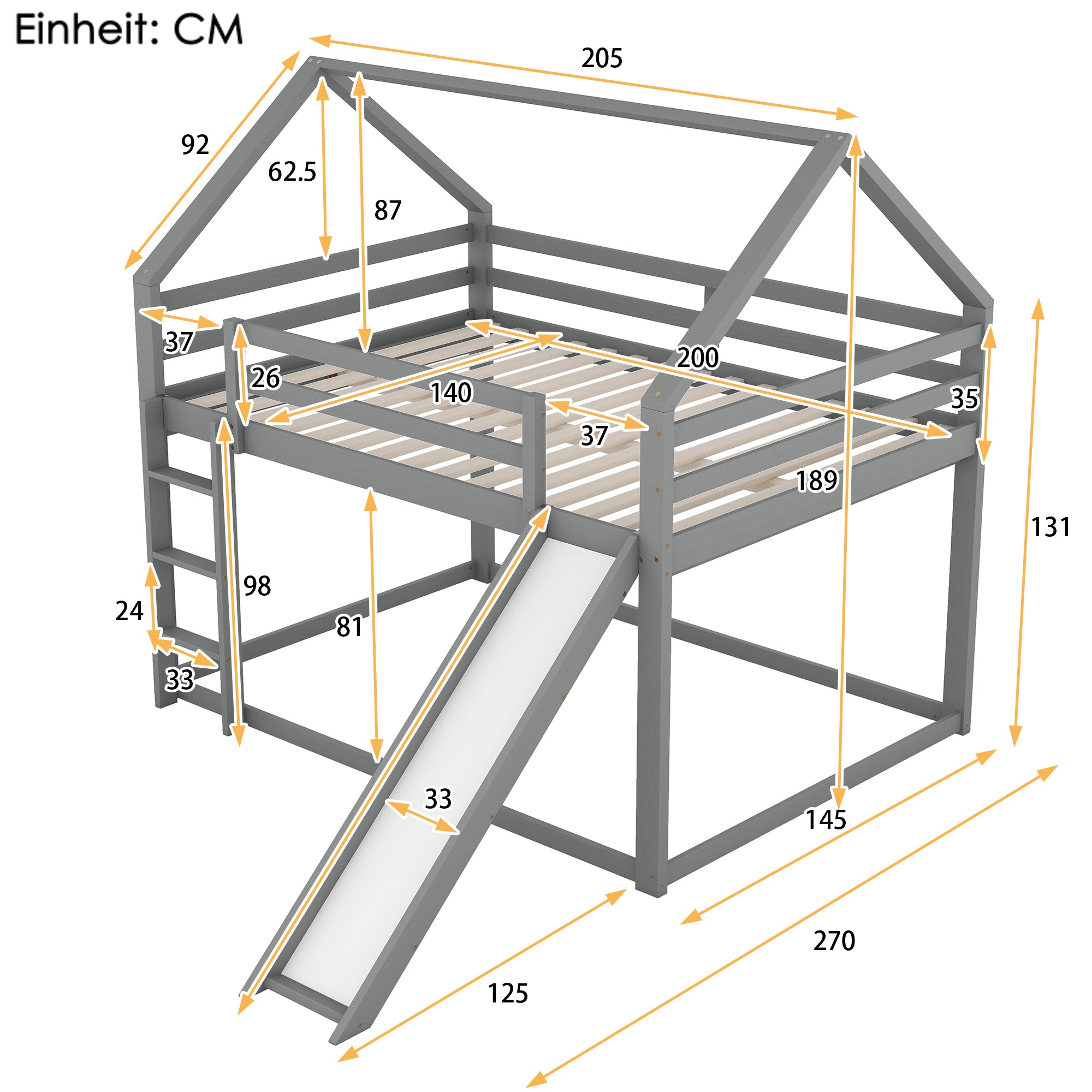 Double Bunk Bed, House Bed with Slide & Ladder, Grey 140x200cm