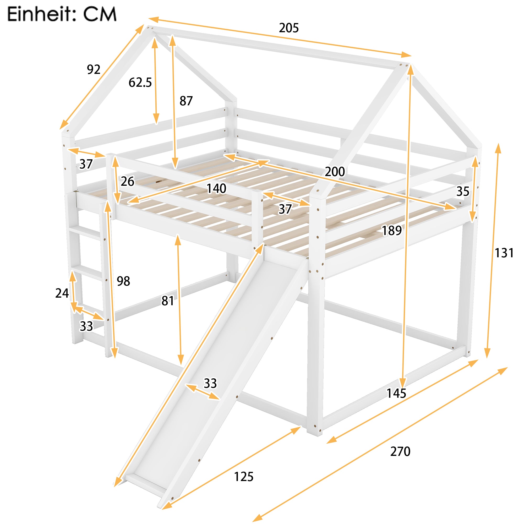 Double Bunk Bed with Slide and Ladder, 140x200cm, White