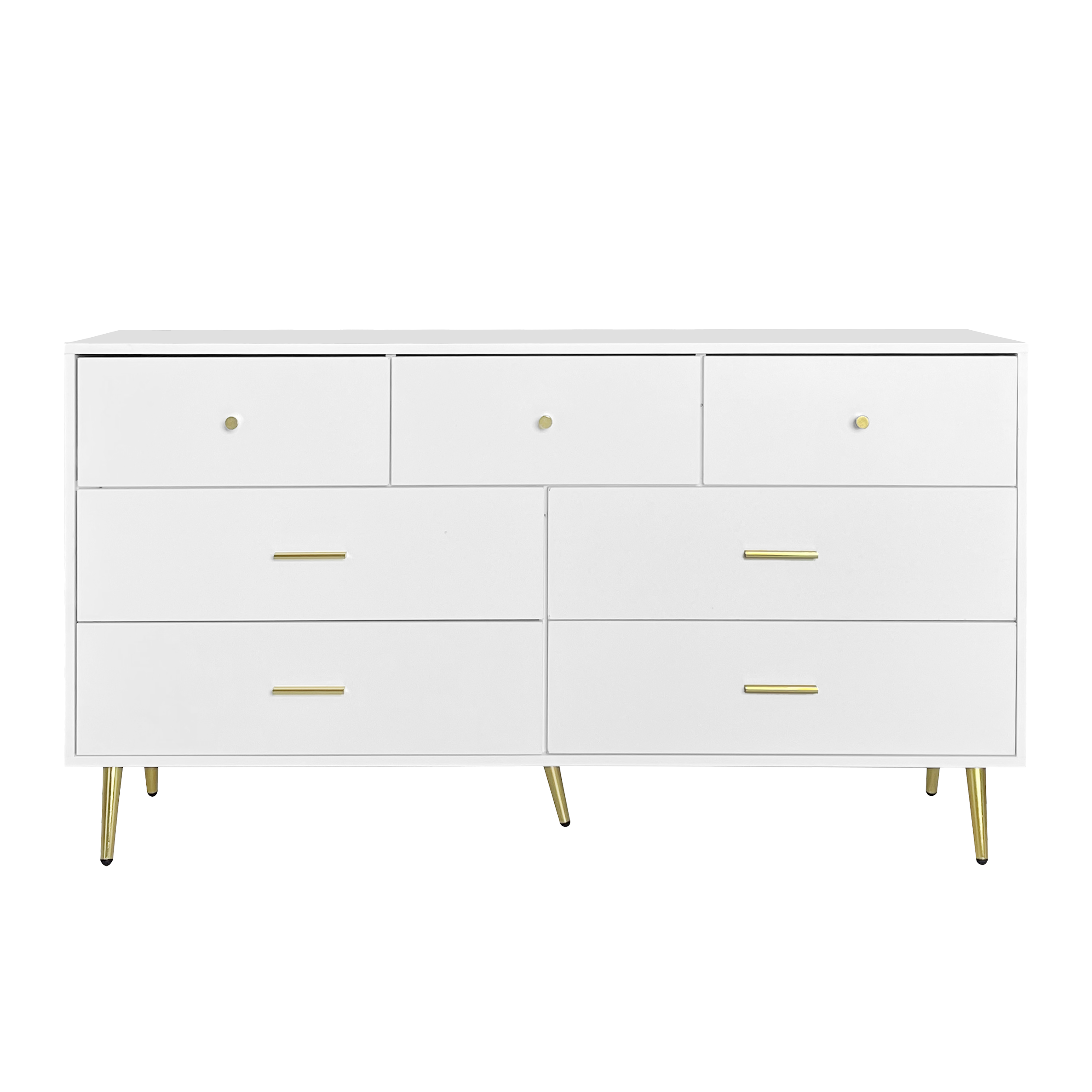 Sideboard, 7-Drawer, Gold Handles & Legs, 140x35x76cm, White