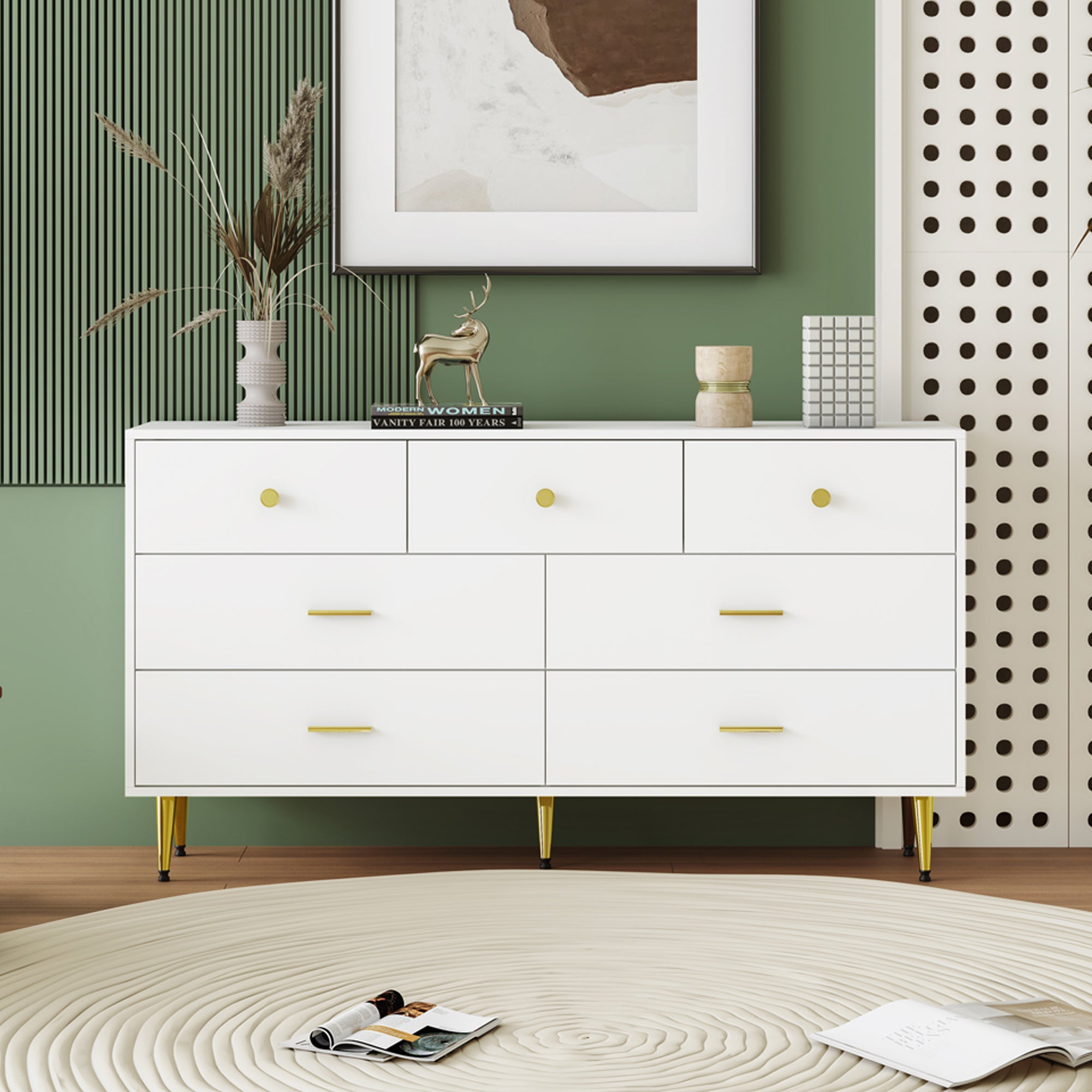 Sideboard, 7-Drawer, Gold Handles & Legs, 140x35x76cm, White
