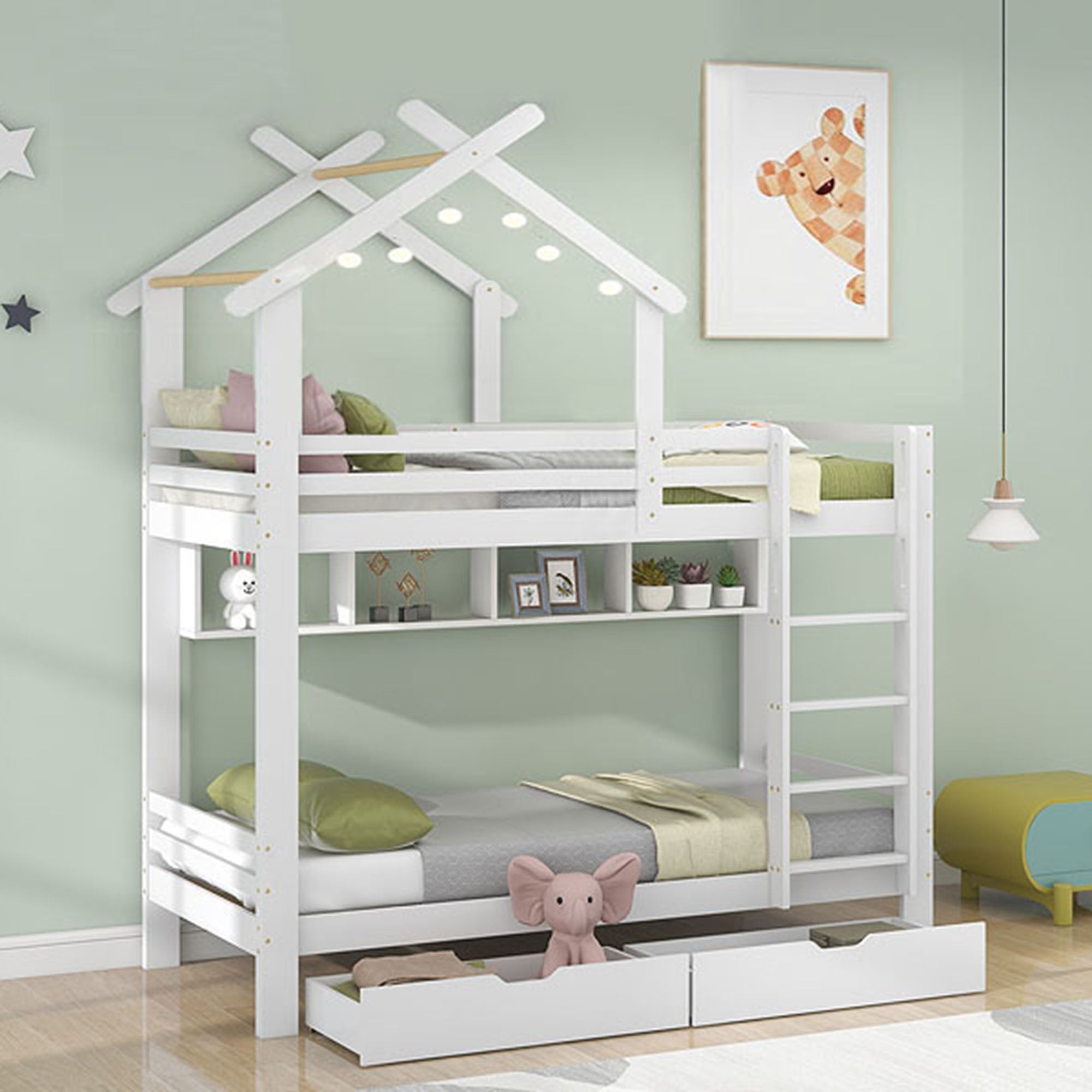 Bunk Bed with Drawers, Shelves & Ladder, Pinewood Frame, White