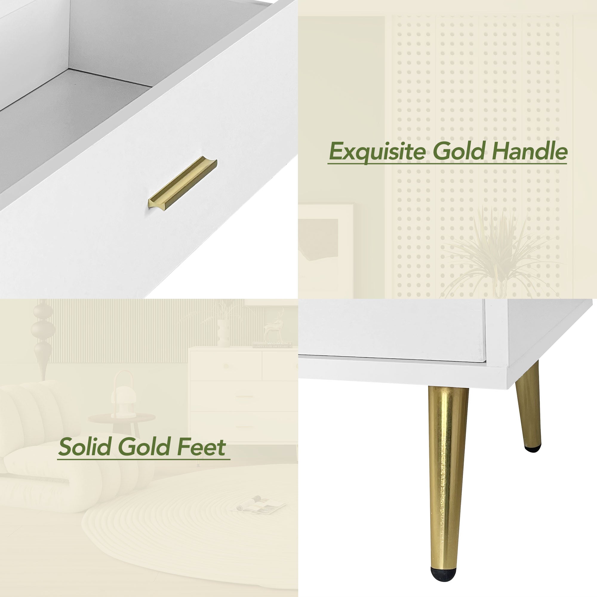 Sideboard, 7-Drawer, Gold Handles & Legs, 140x35x76cm, White