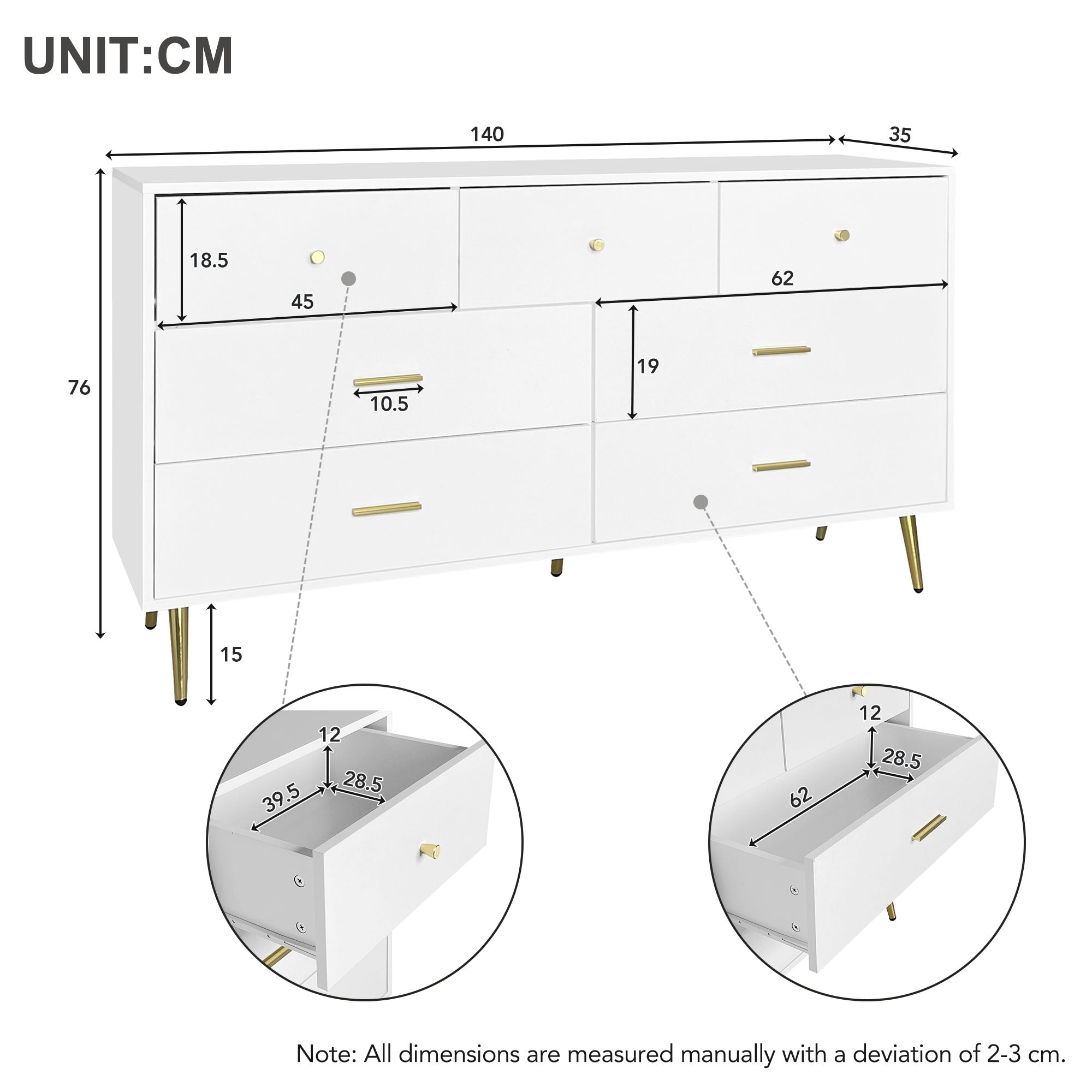 Sideboard, 7-Drawer, Gold Handles & Legs, 140x35x76cm, White