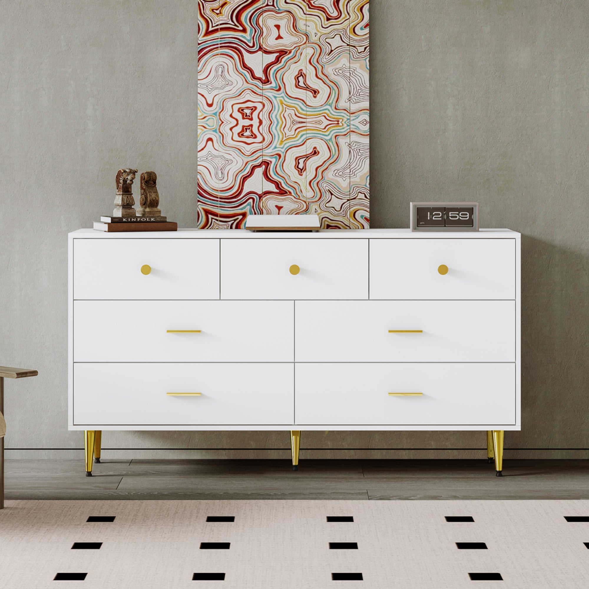Sideboard, 7-Drawer, Gold Handles & Legs, 140x35x76cm, White