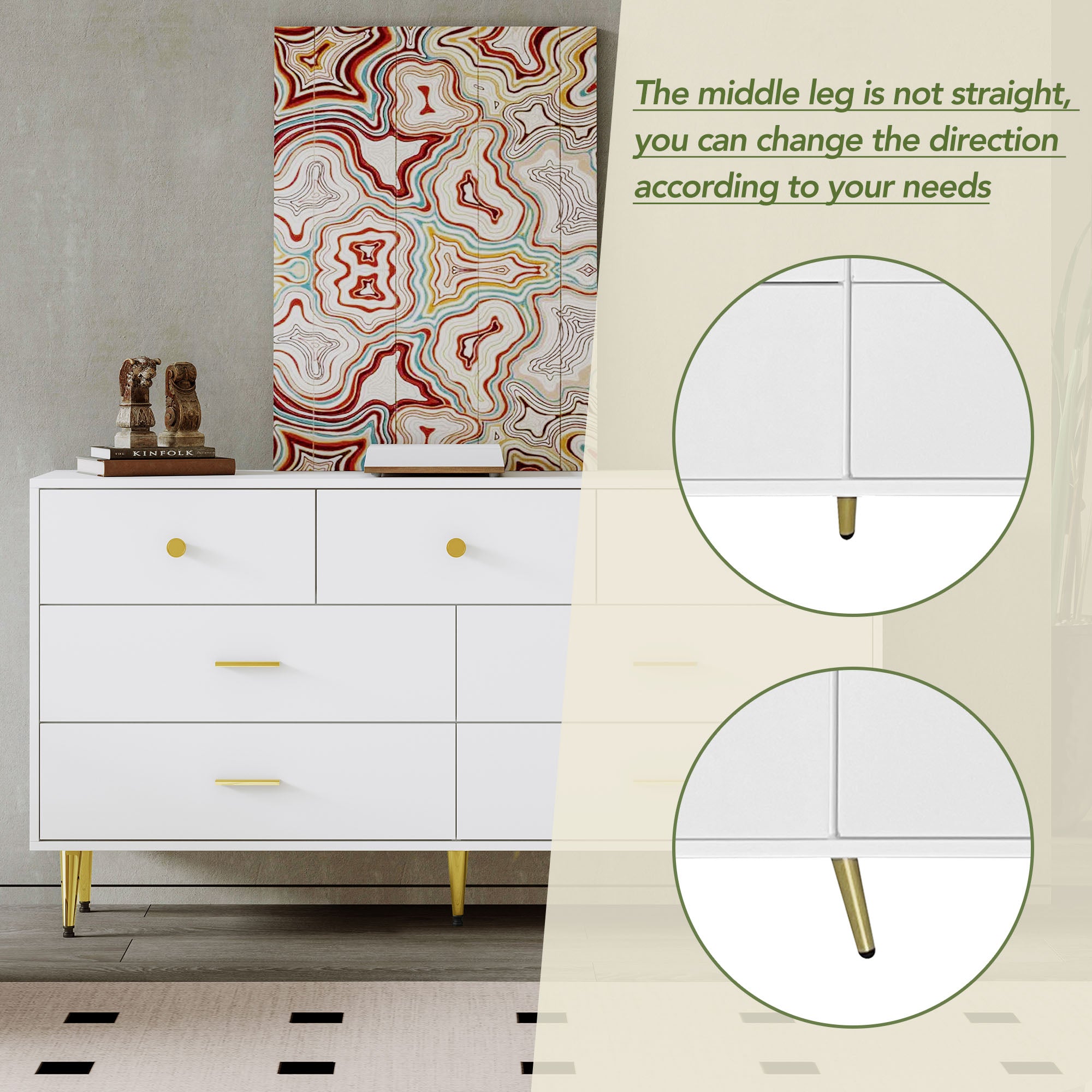 Sideboard, 7-Drawer, Gold Handles & Legs, 140x35x76cm, White