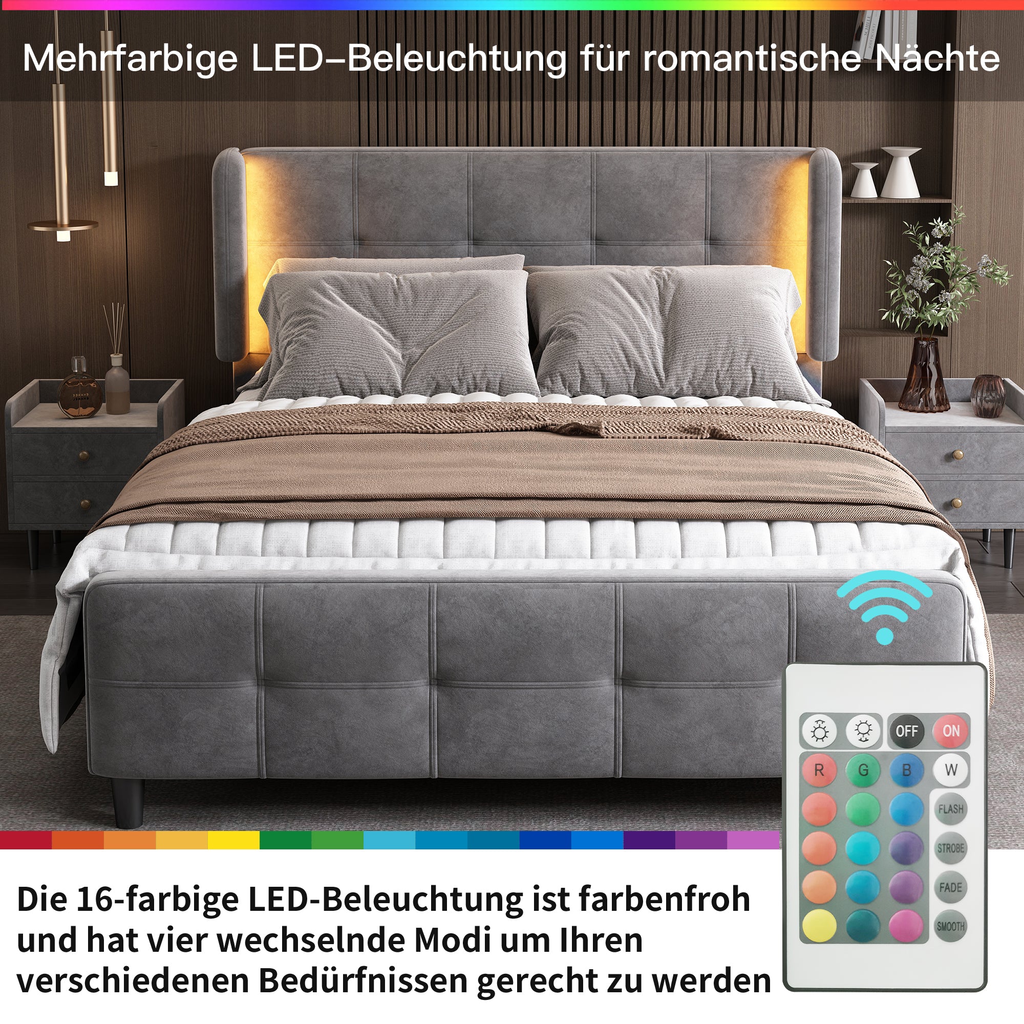 Upholstered Bed, Double with 16-Color LED, Adjustable Headboard, Velvet Gray