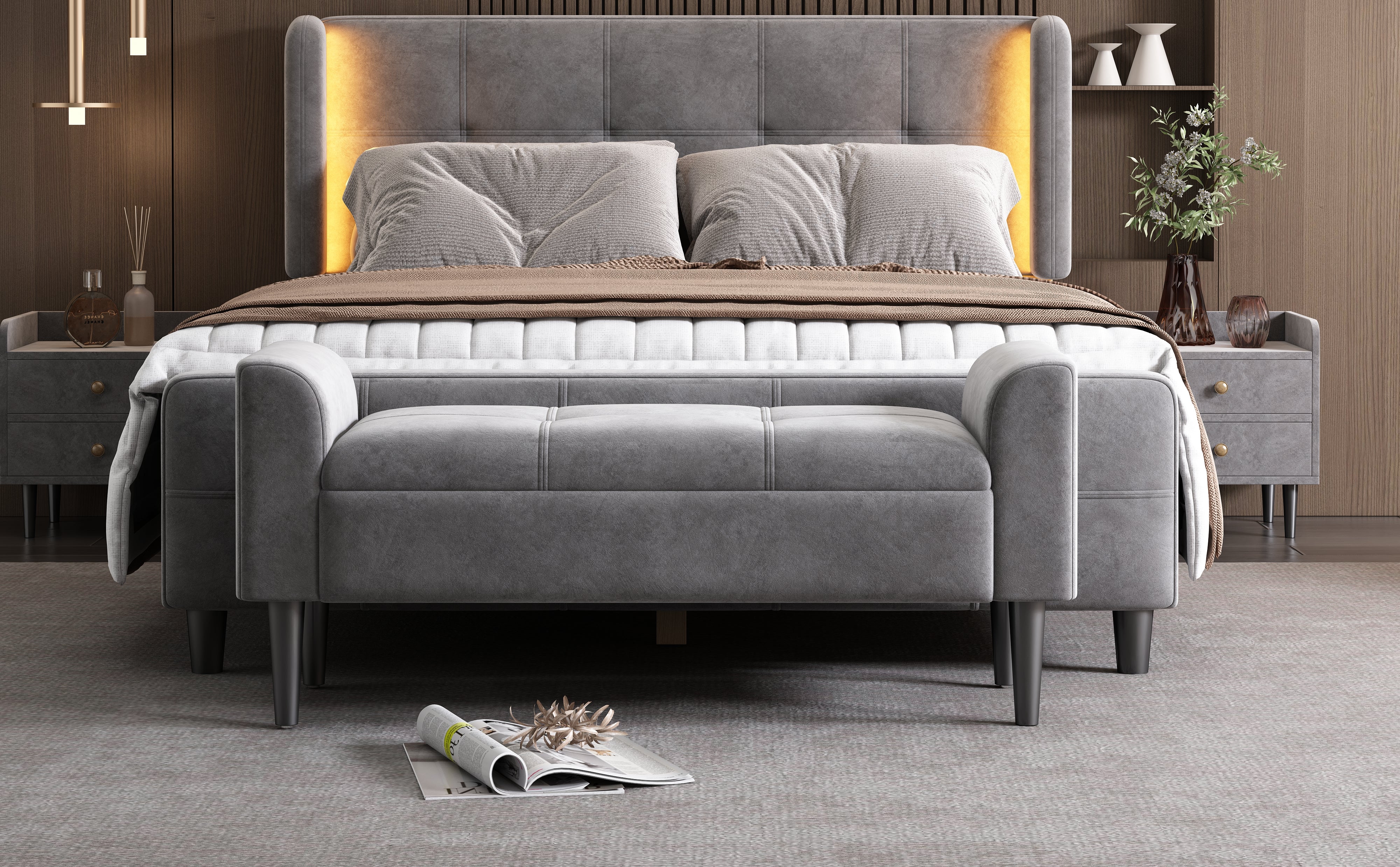 Upholstered Benches with Armrests, Quilted Pattern, Velvet, Grey