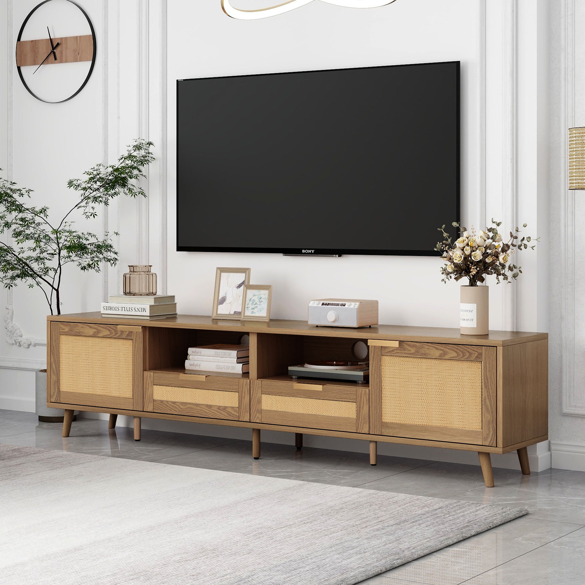TV Stand, 200x37x49 cm, Rattan Design Plastic & Solid Wood