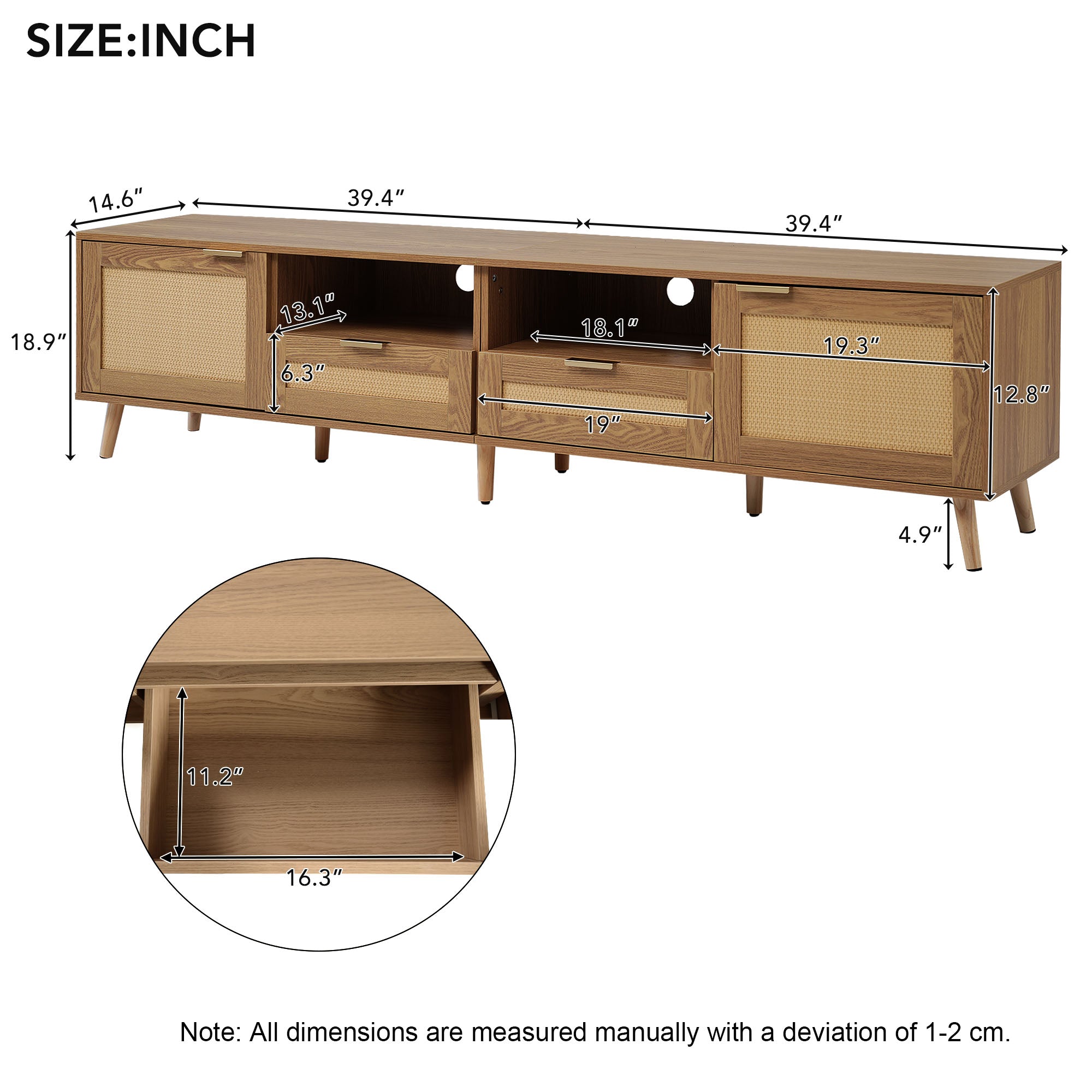 TV Stand, 200x37x49 cm, Rattan Design Plastic & Solid Wood