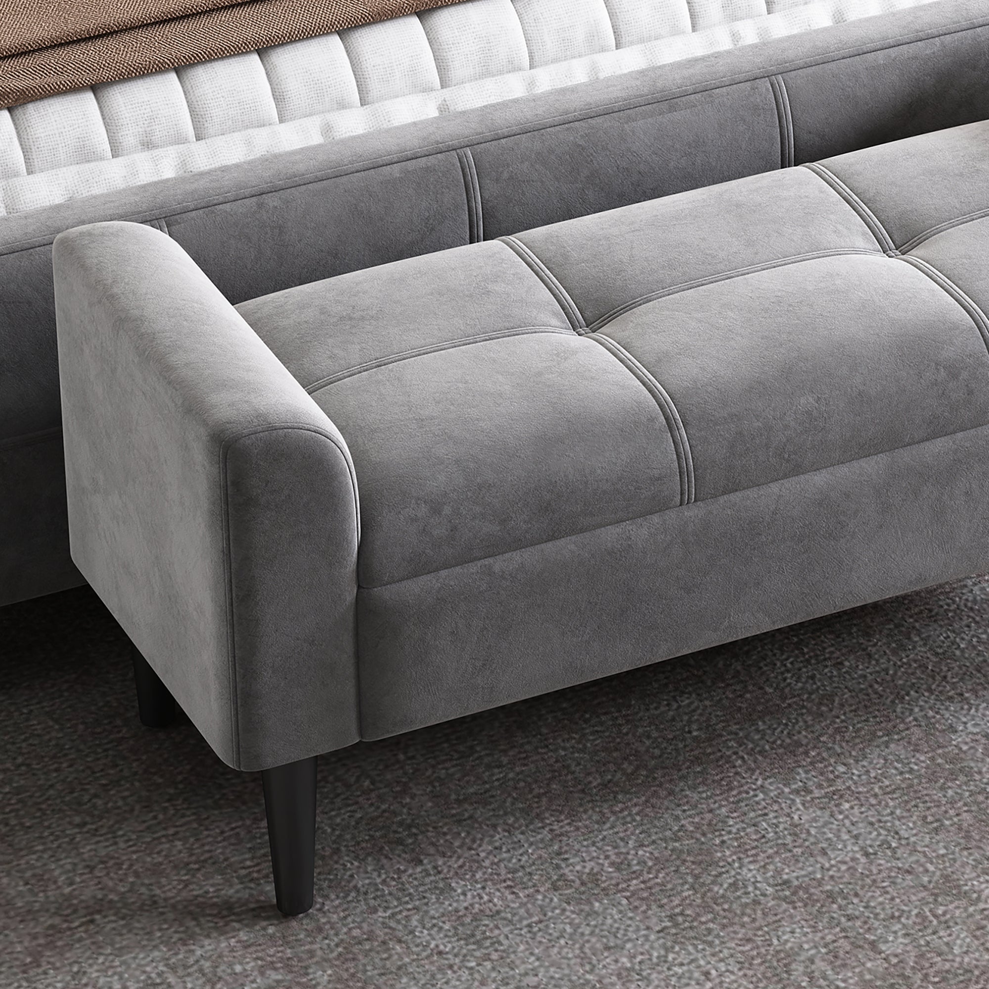 Upholstered Benches with Armrests, Quilted Pattern, Velvet, Grey