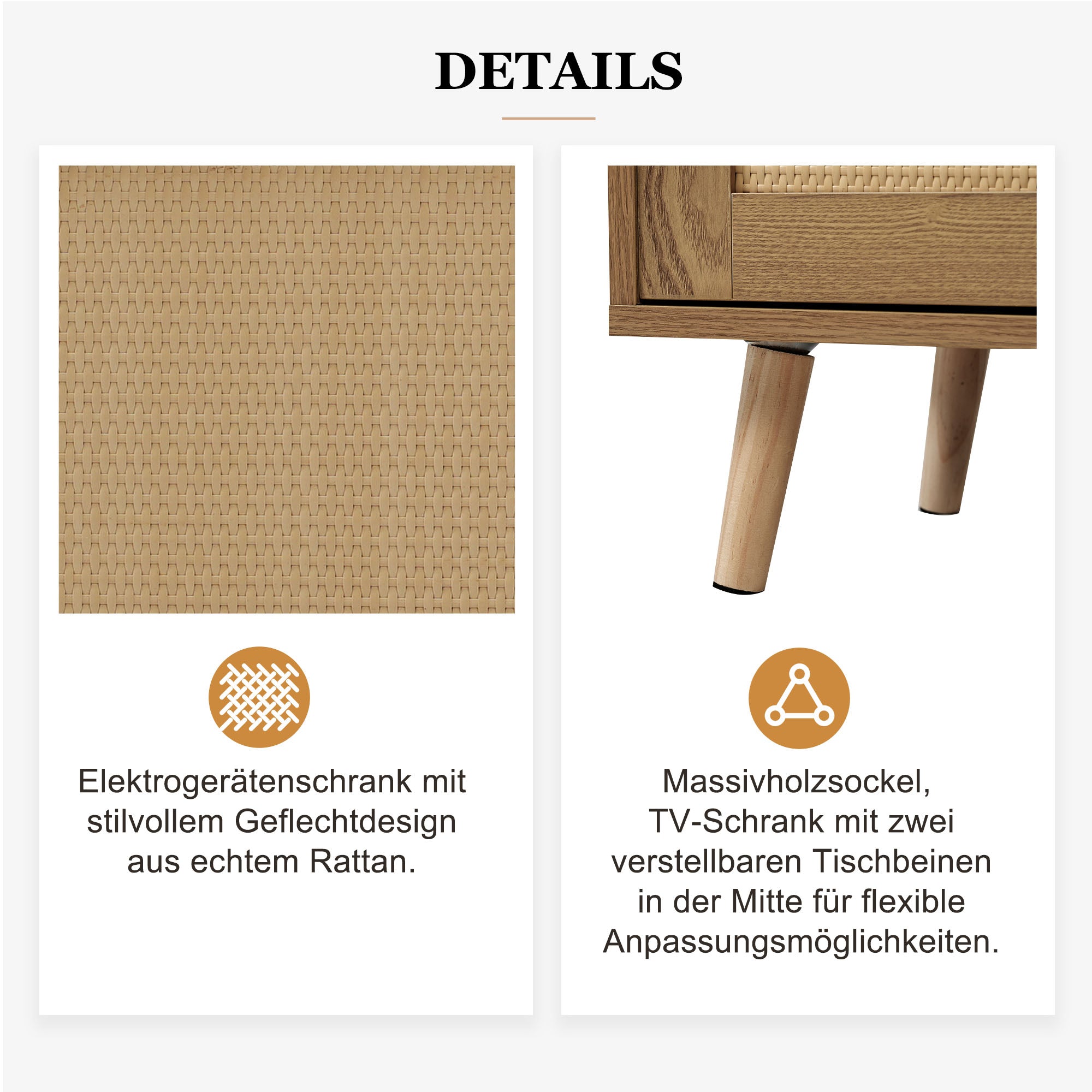 TV Stand, 200x37x49 cm, Rattan Design Plastic & Solid Wood