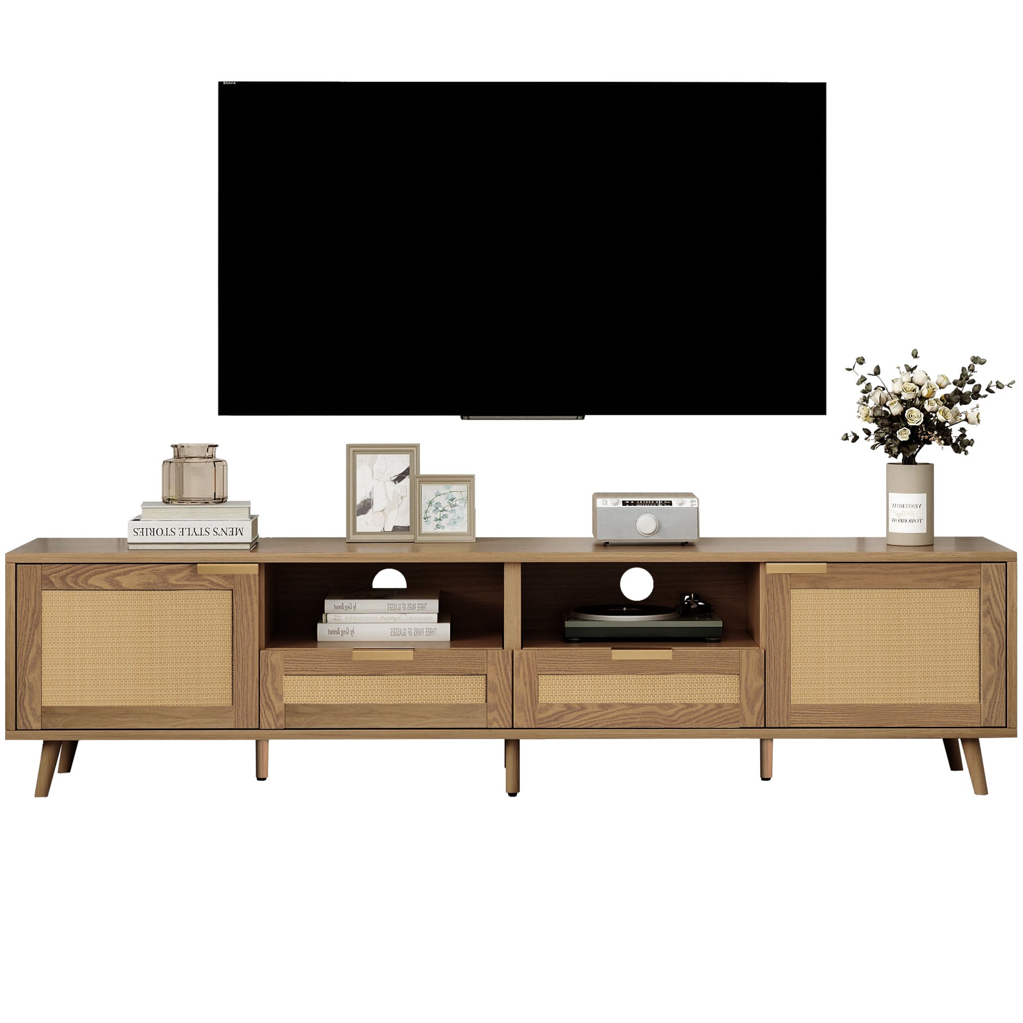 TV Stand, 200x37x49 cm, Rattan Design Plastic & Solid Wood