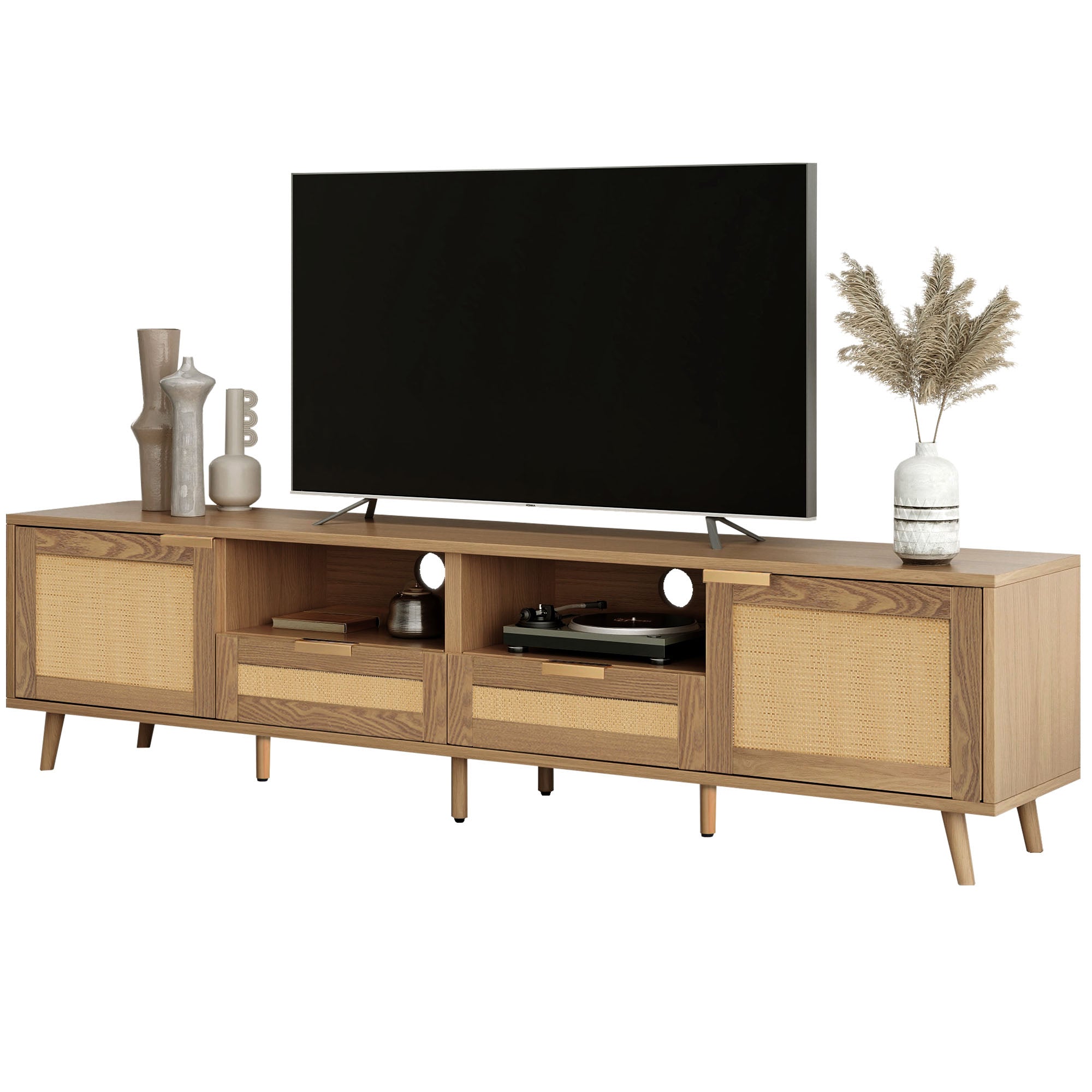 TV Stand, 200x37x49 cm, Rattan Design Plastic & Solid Wood