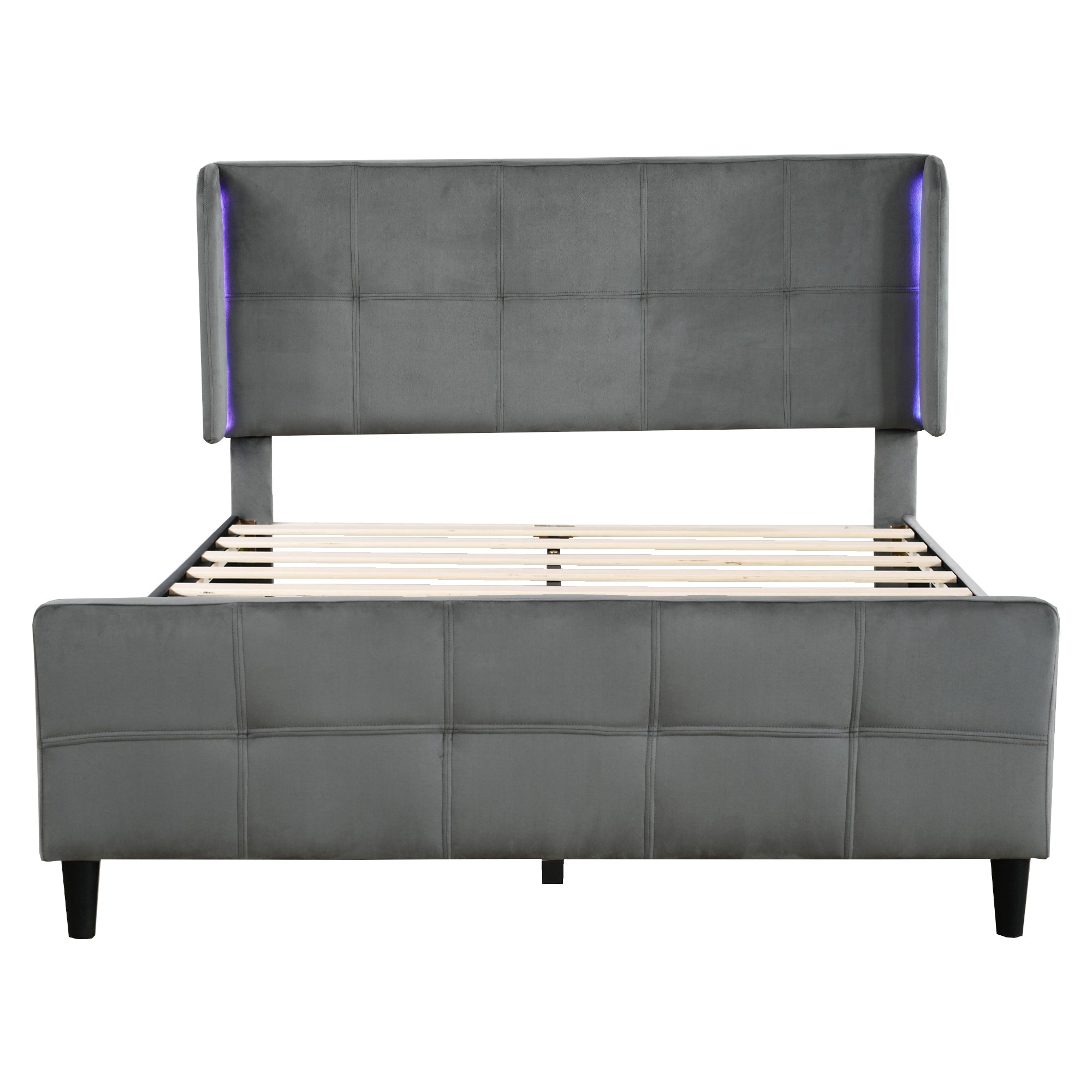 Upholstered Bed, Double with 16-Color LED, Adjustable Headboard, Velvet Gray