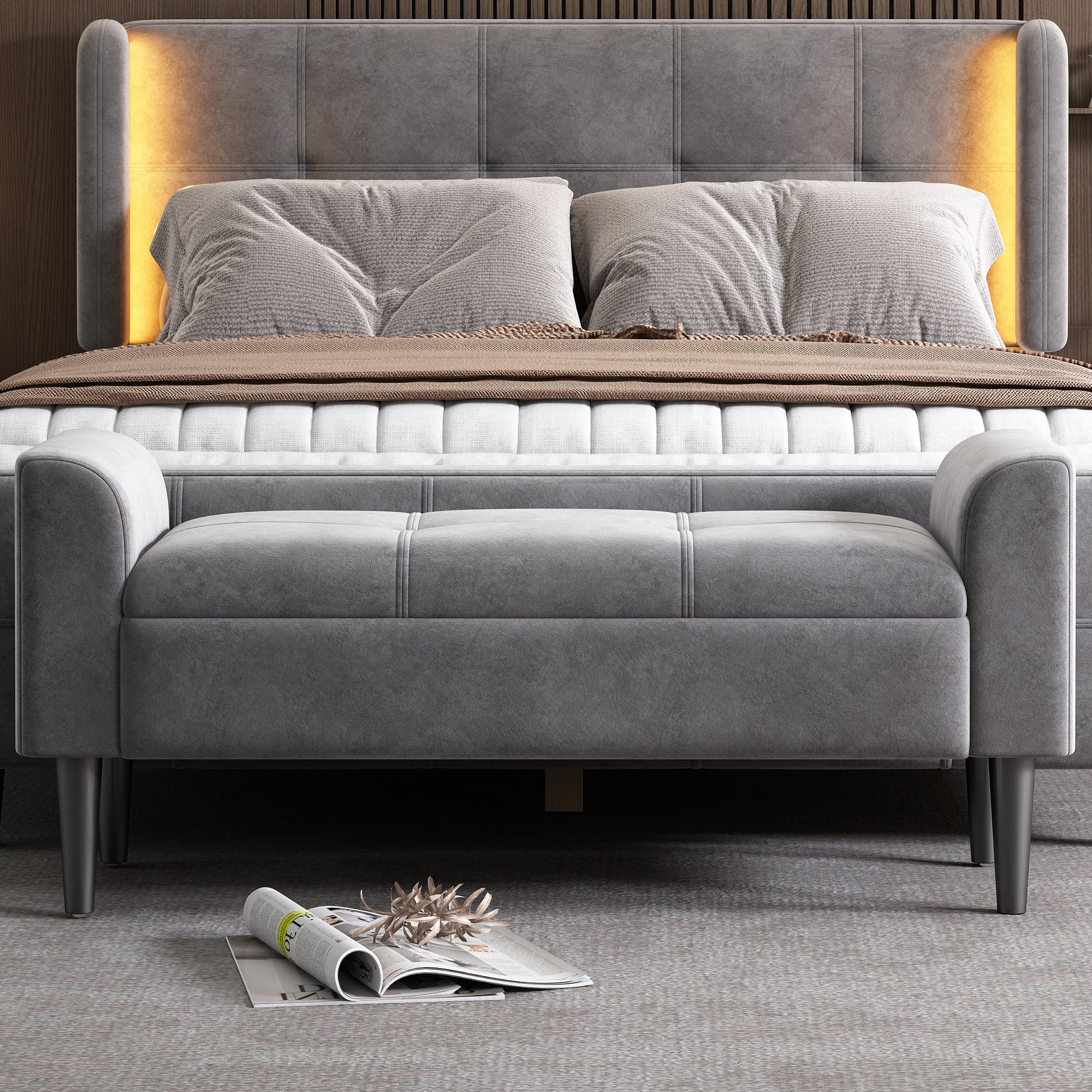 Upholstered Benches with Armrests, Quilted Pattern, Velvet, Grey