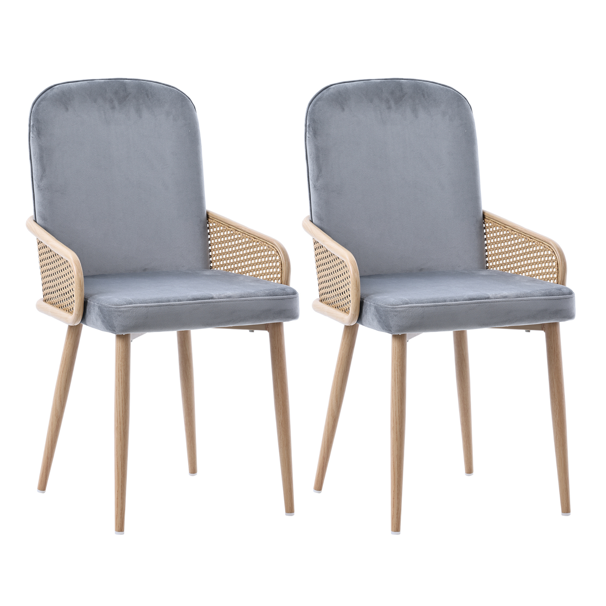 Velvet Dining Chair, Set of 2 Rattan Design, Grey