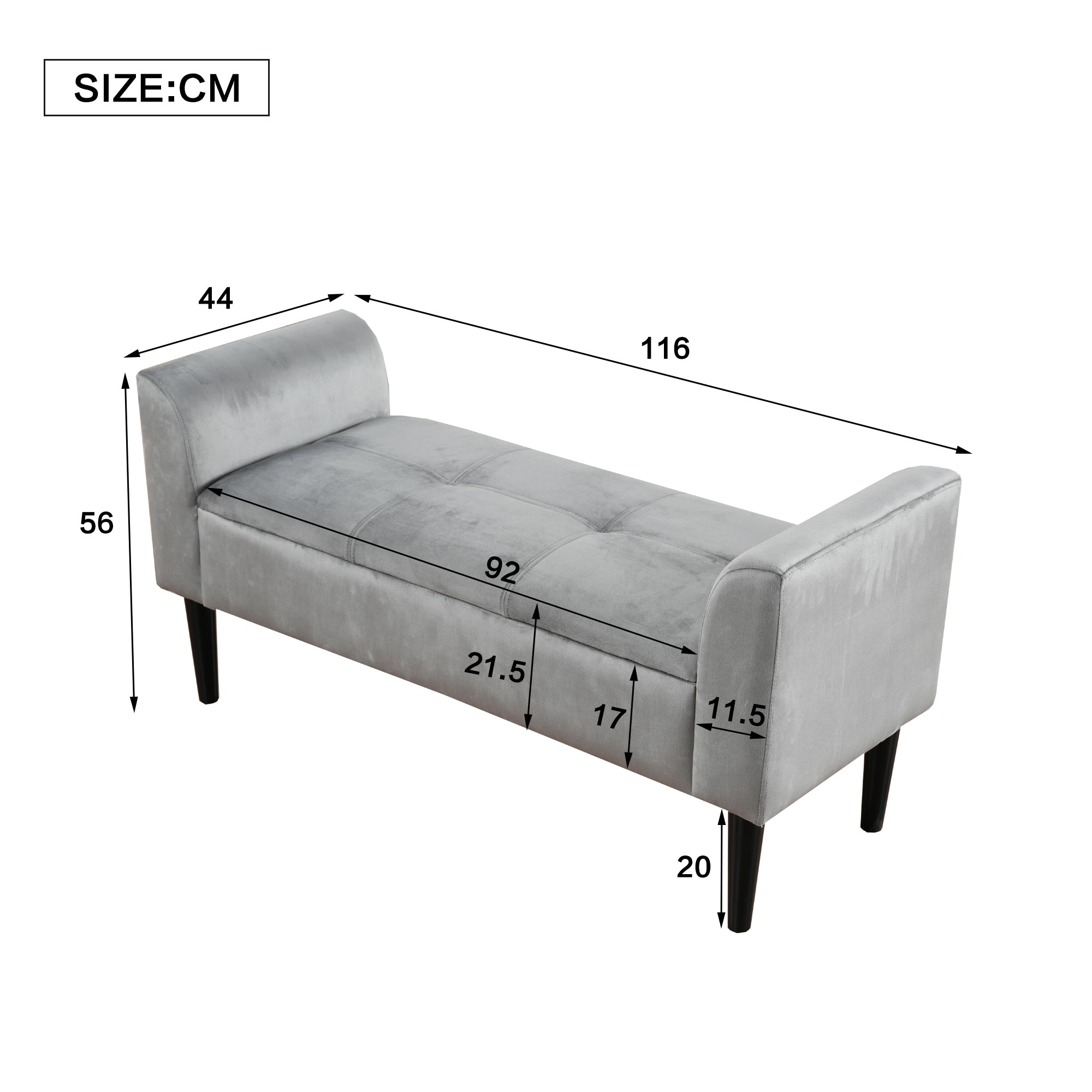 Upholstered Benches with Armrests, Quilted Pattern, Velvet, Grey