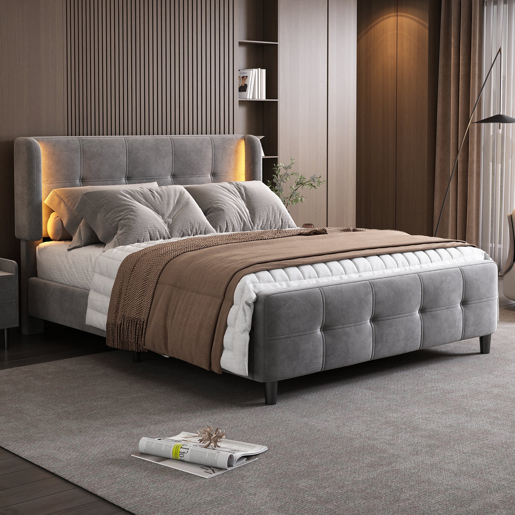 Upholstered Bed, Double with 16-Color LED, Adjustable Headboard, Velvet Gray