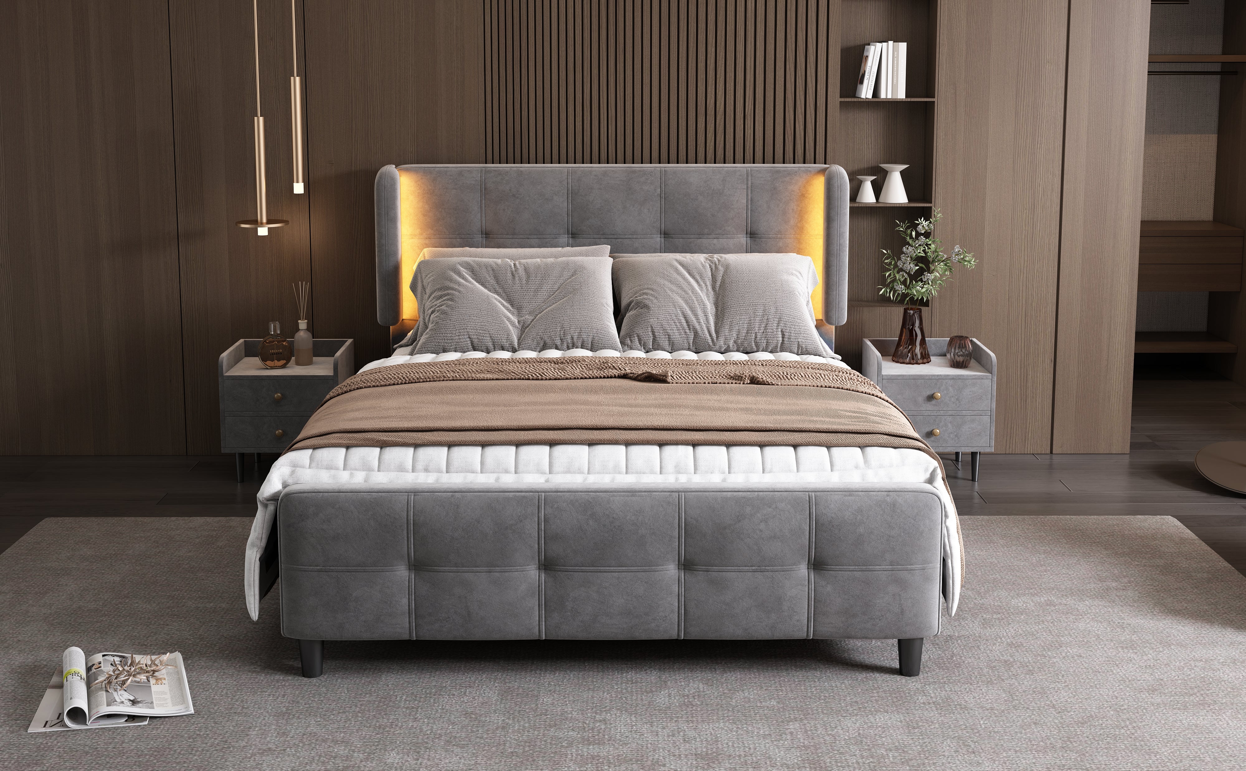 Upholstered Bed, Double with 16-Color LED, Adjustable Headboard, Velvet Gray