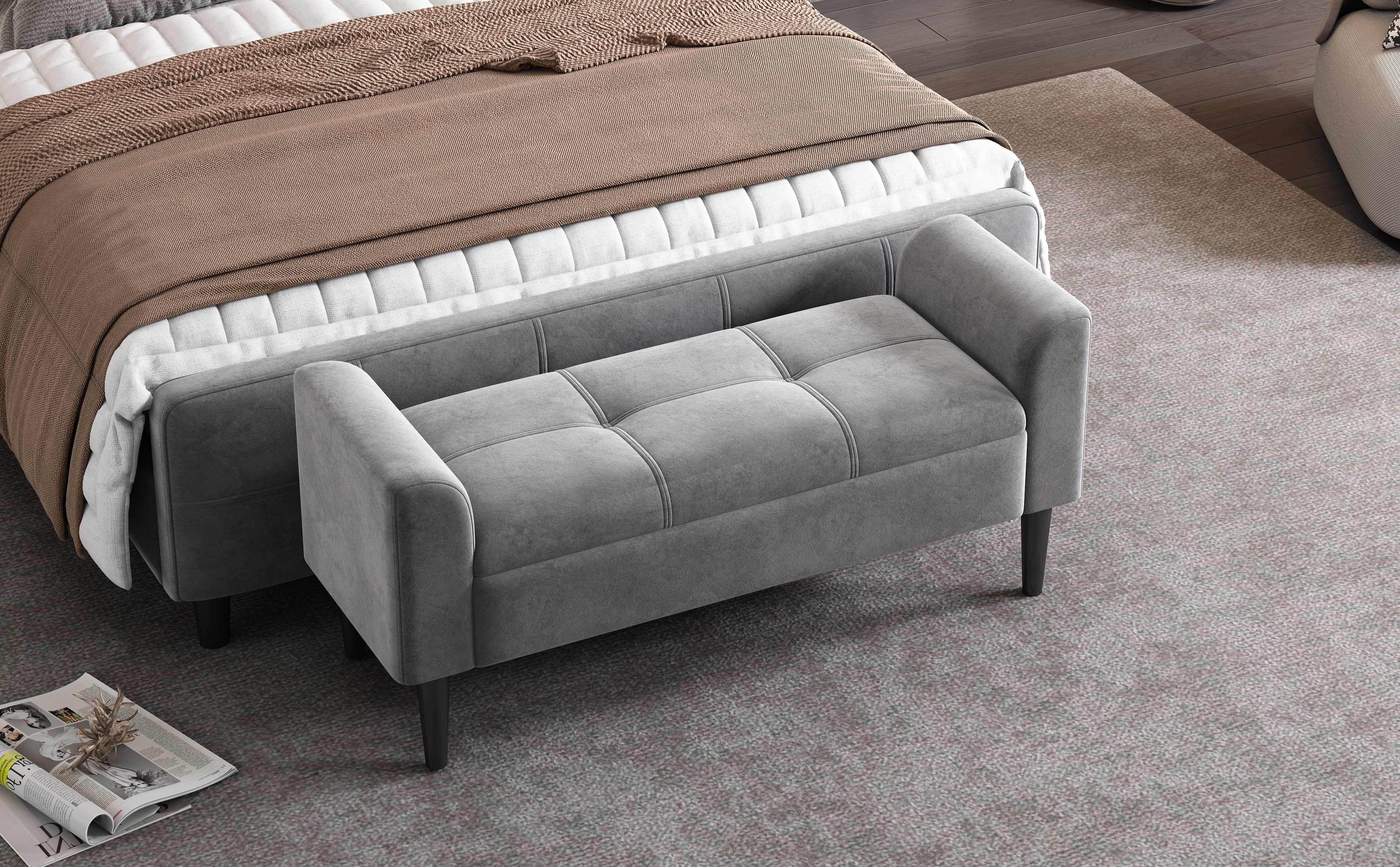 Upholstered Benches with Armrests, Quilted Pattern, Velvet, Grey