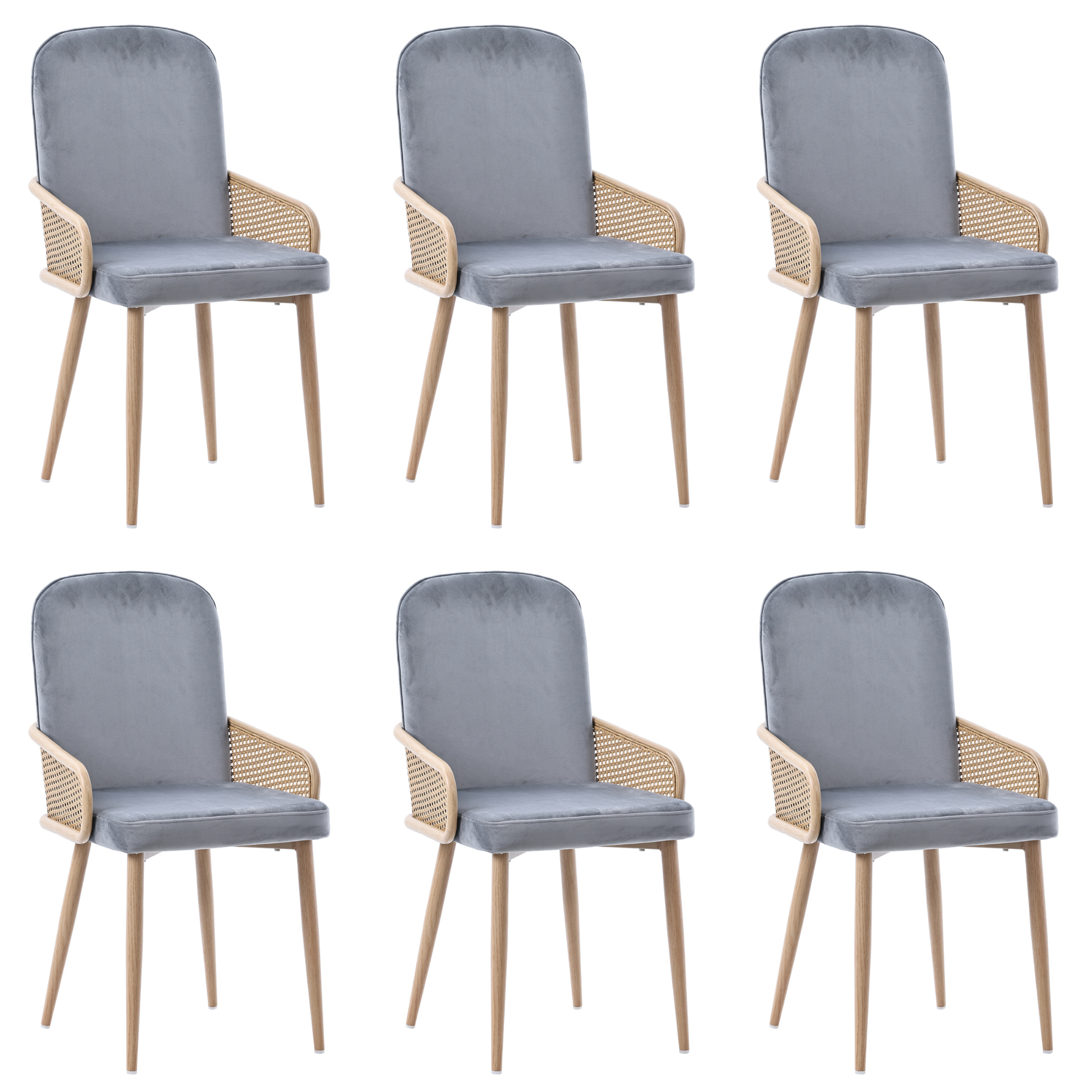 Velvet Dining Chair Set of 6 with Rattan Design and Metal Legs, Grey