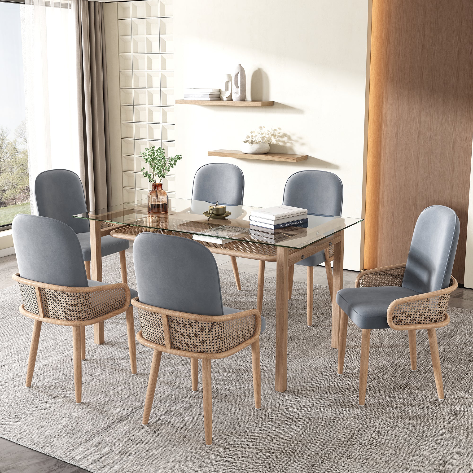 Velvet Dining Chair Set of 6 with Rattan Design and Metal Legs, Grey