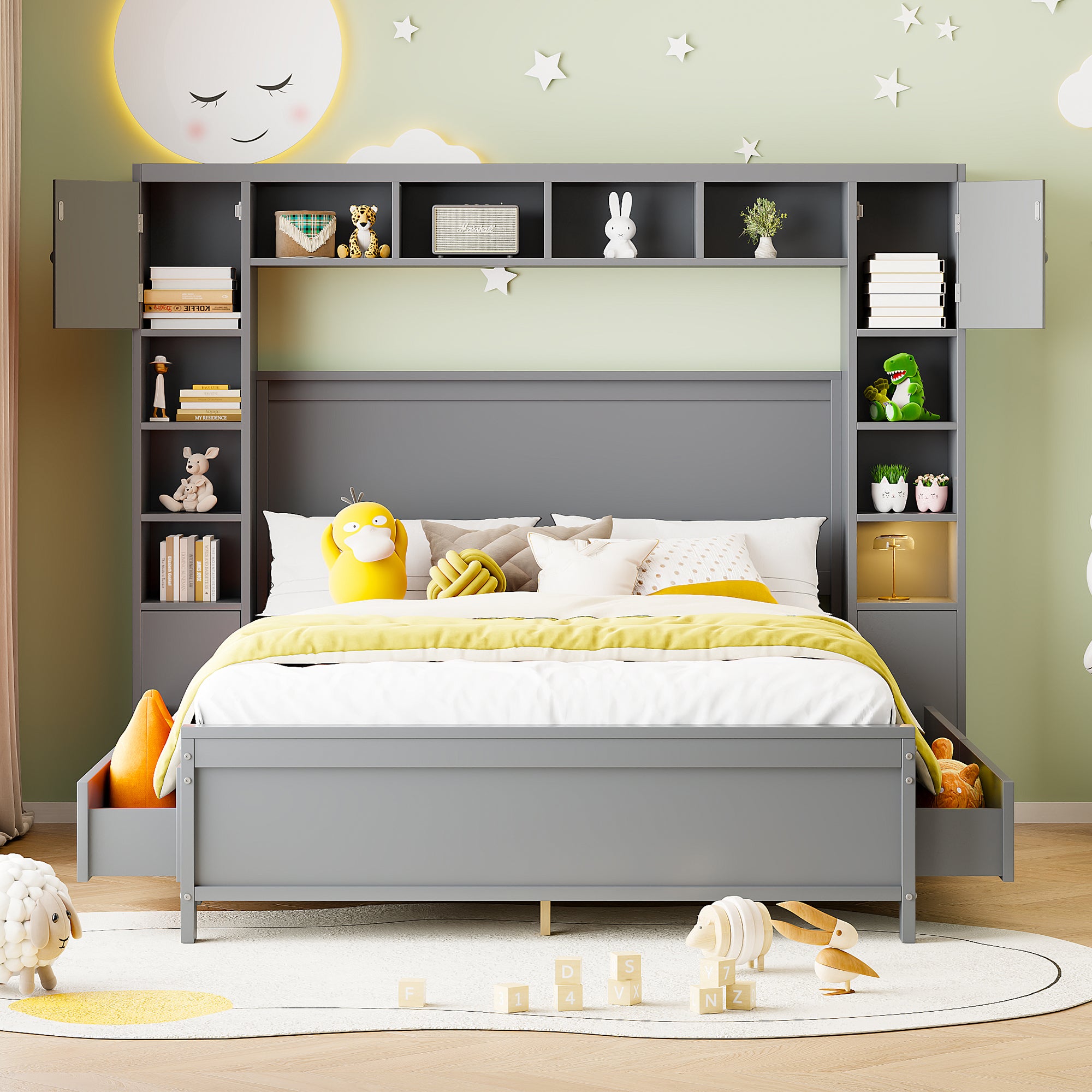 Bed Frame, 140x200 with 4 Drawers & Storage Cabinet, Solid Wood, Grey