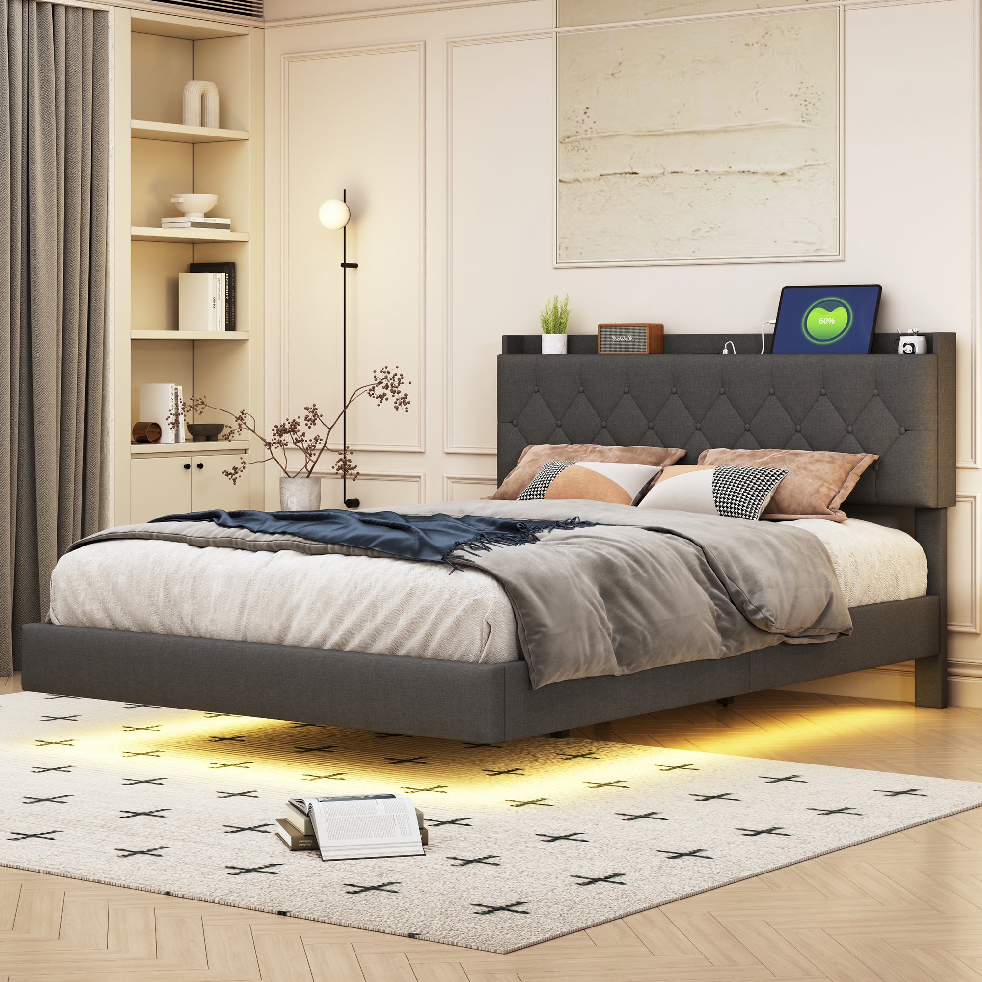 Upholstered Bed, 140x200cm USB Charging LED Double with Slatted Frame, Gray Linen