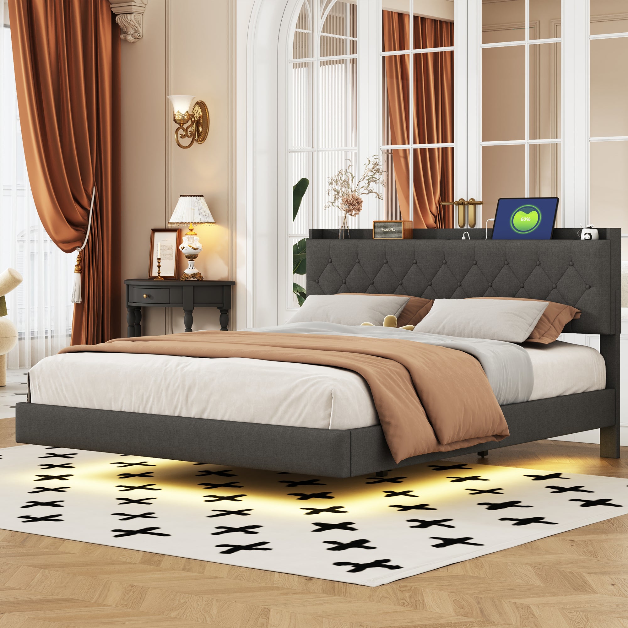 Upholstered Bed, 160x200cm, USB & LED, Linen Gray