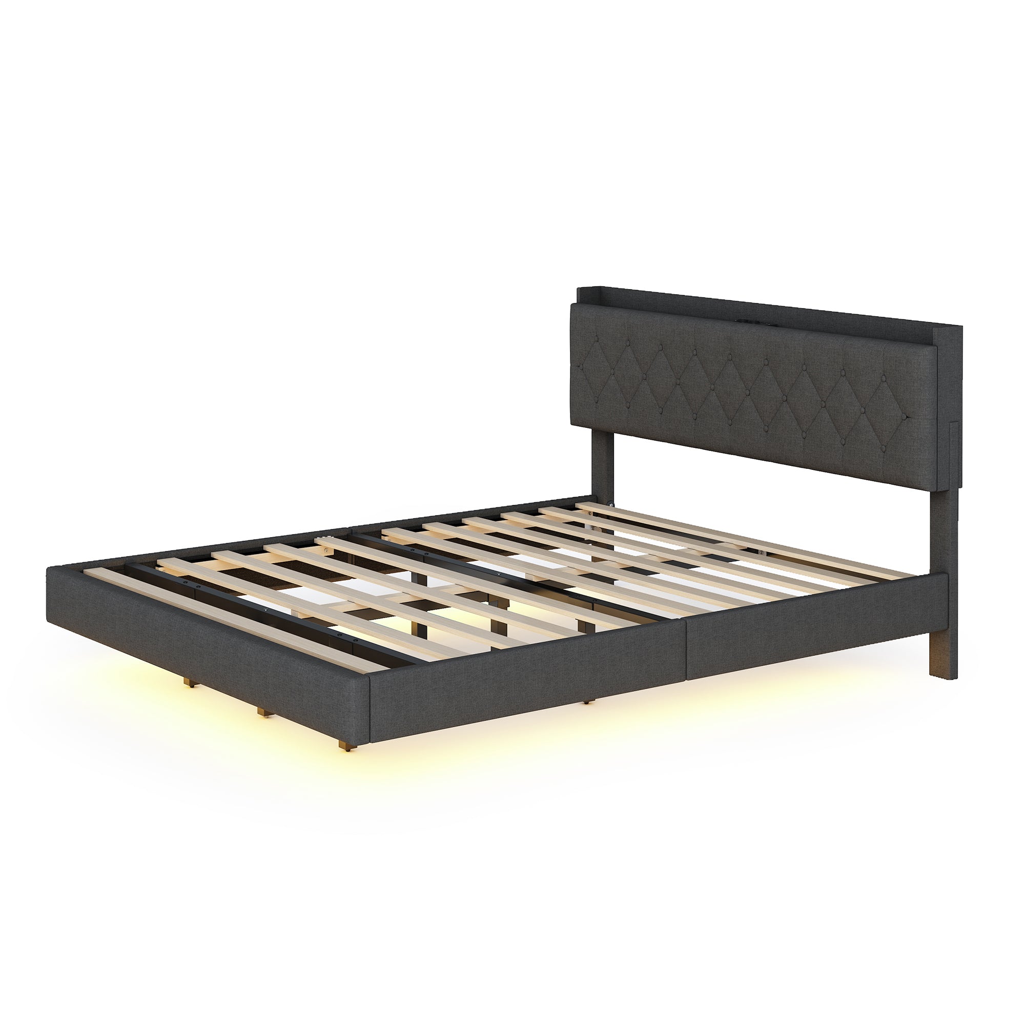 Upholstered Bed, 160x200cm, USB & LED, Linen Gray