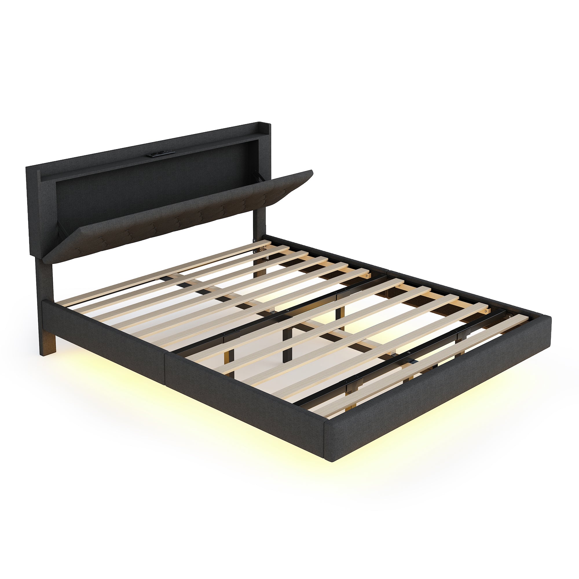 Upholstered Bed, 160x200cm, USB & LED, Linen Gray