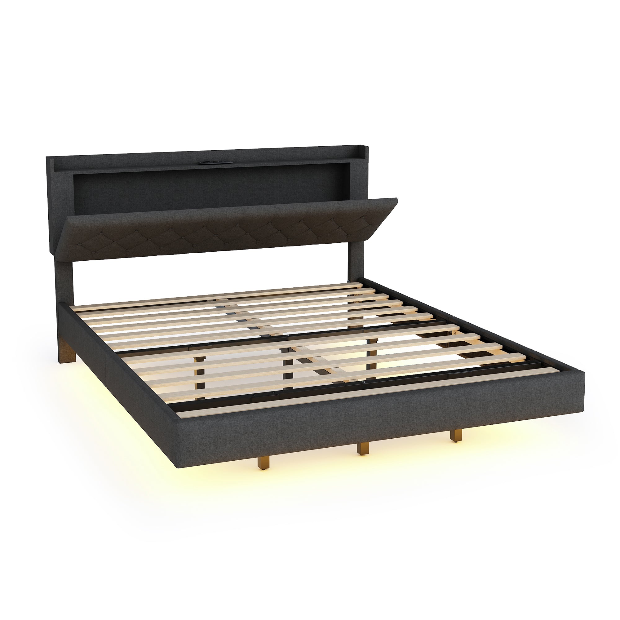 Upholstered Bed, 160x200cm, USB & LED, Linen Gray