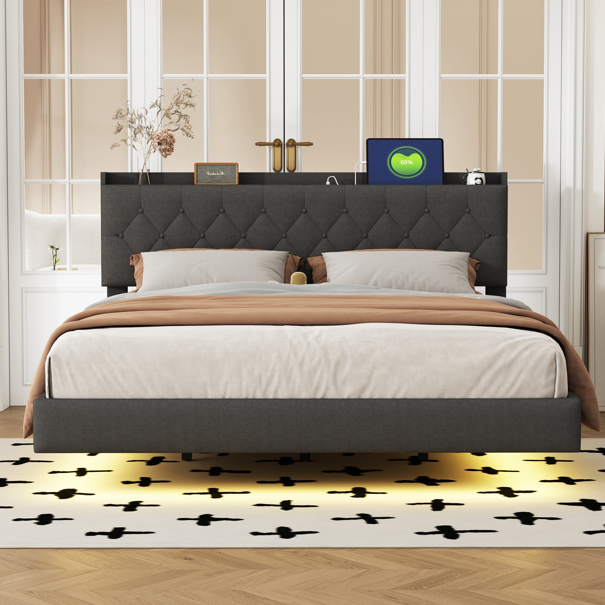 Upholstered Bed, 160x200cm, USB & LED, Linen Gray