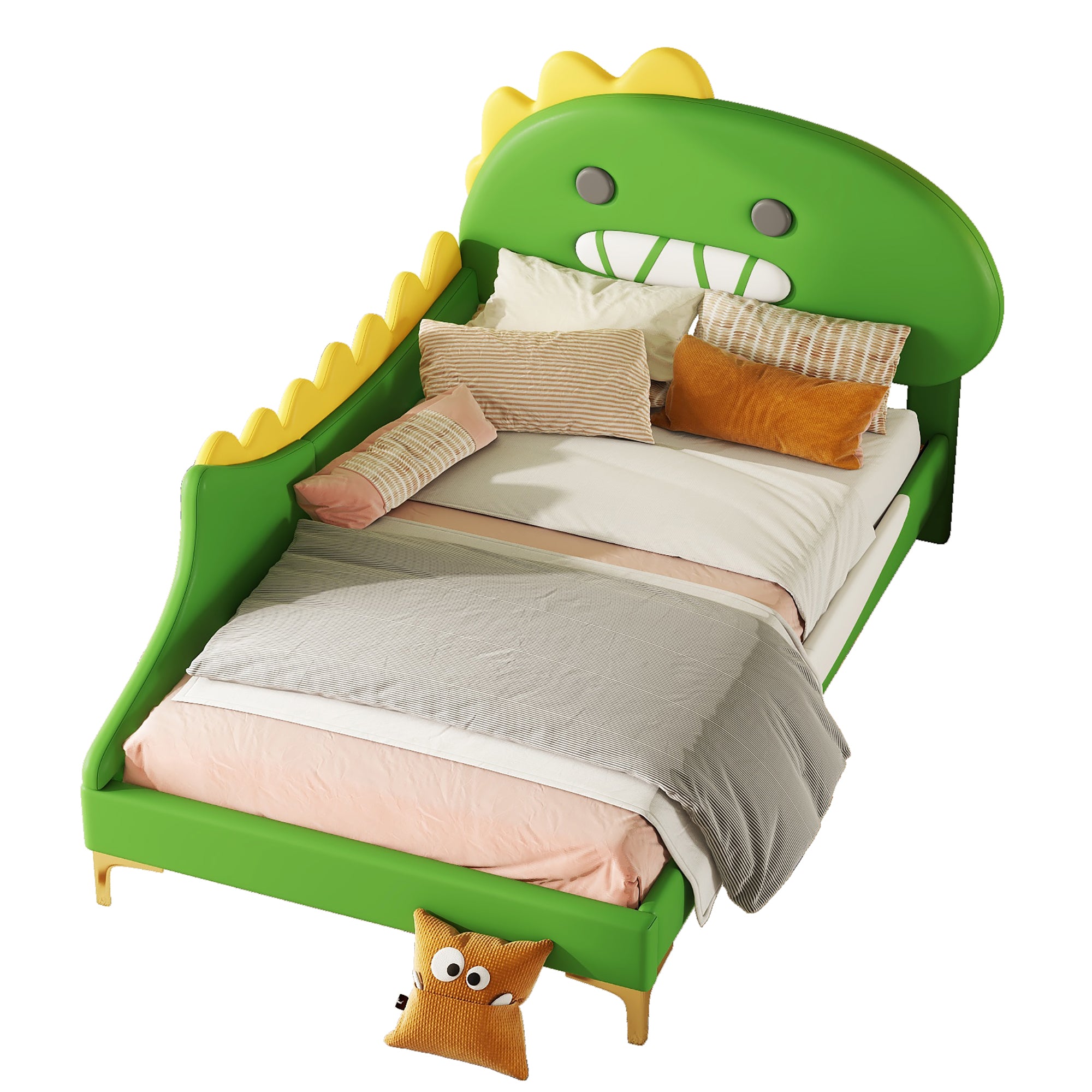 Children's Bed 90x200cm Cartoon Dinosaur Shape Flat Bed, Green PU Material