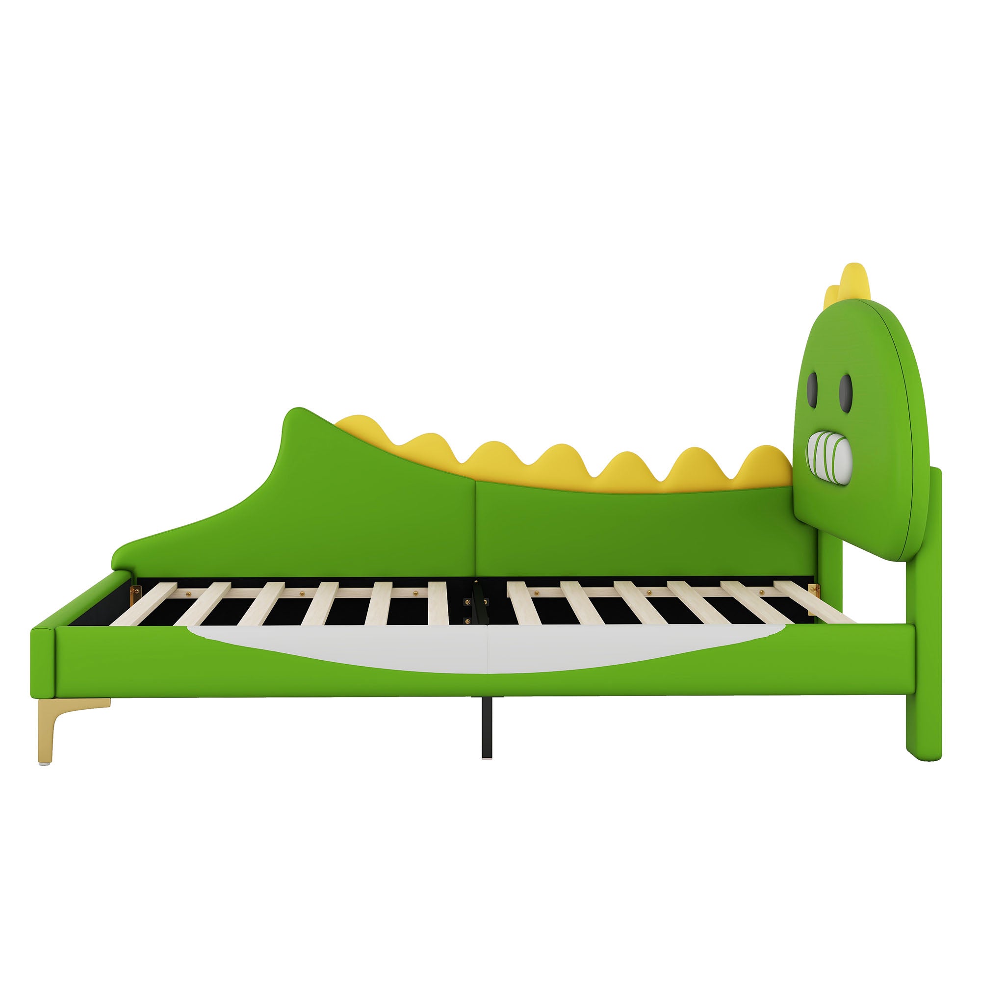 Children's Bed 90x200cm Cartoon Dinosaur Shape Flat Bed, Green PU Material