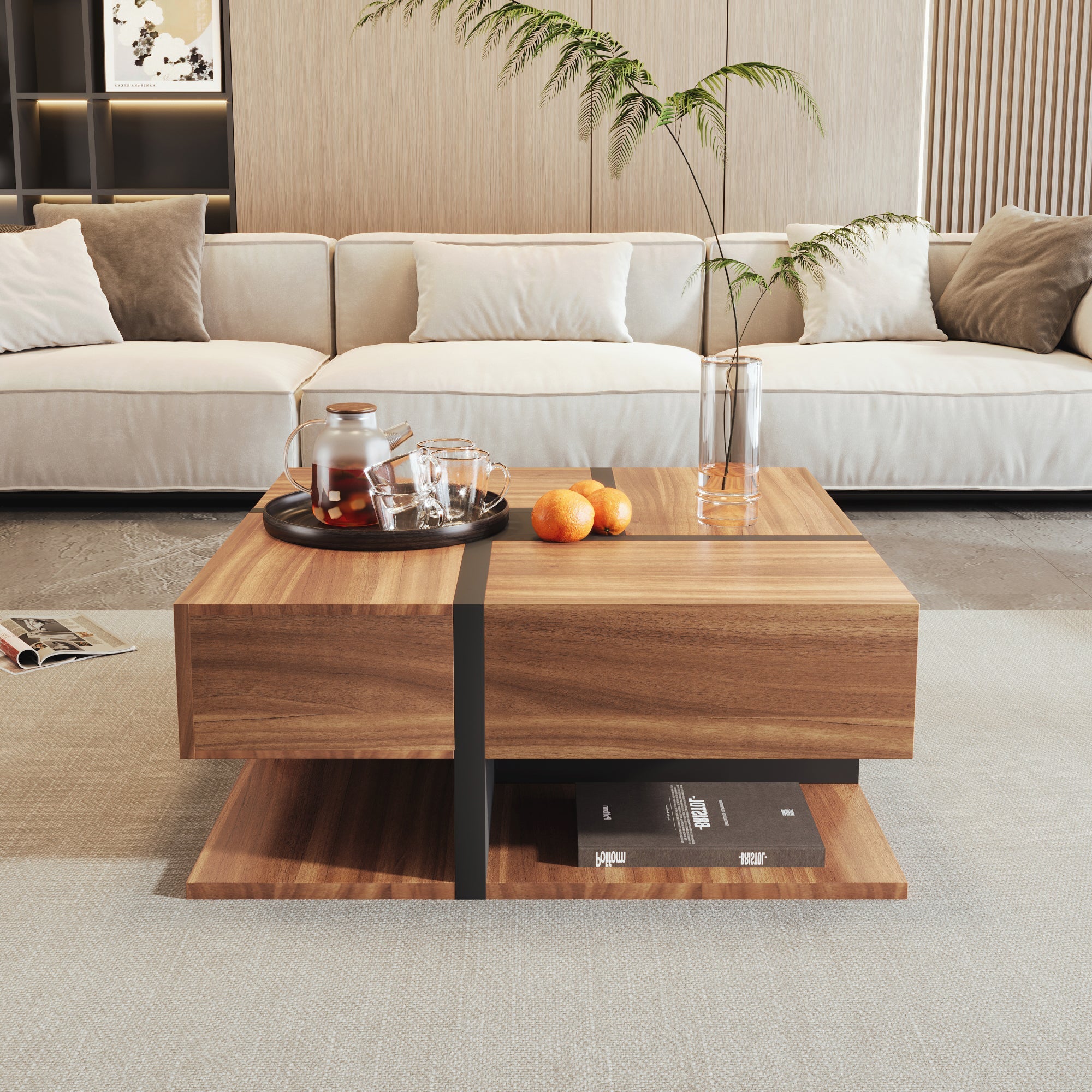 Coffee Table with 4 Drawers, Unique Color Matching, and Bottom Storage Space, 78x78x36cm