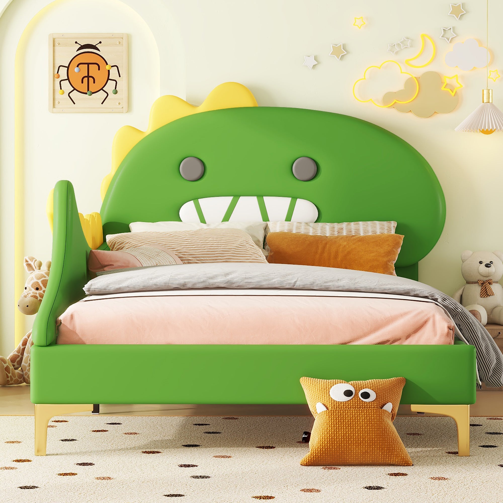 Children's Bed 90x200cm Cartoon Dinosaur Shape Flat Bed, Green PU Material