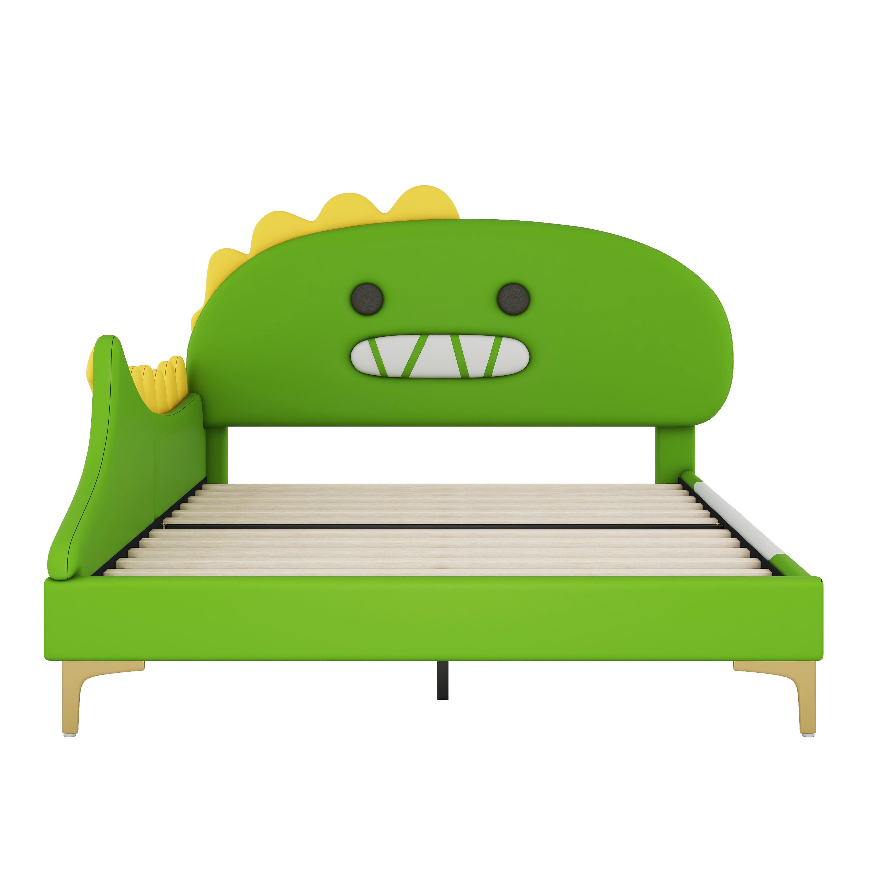 Children's Bed, 140x200cm Cartoon Dinosaur Flat Bed, Green PU Material
